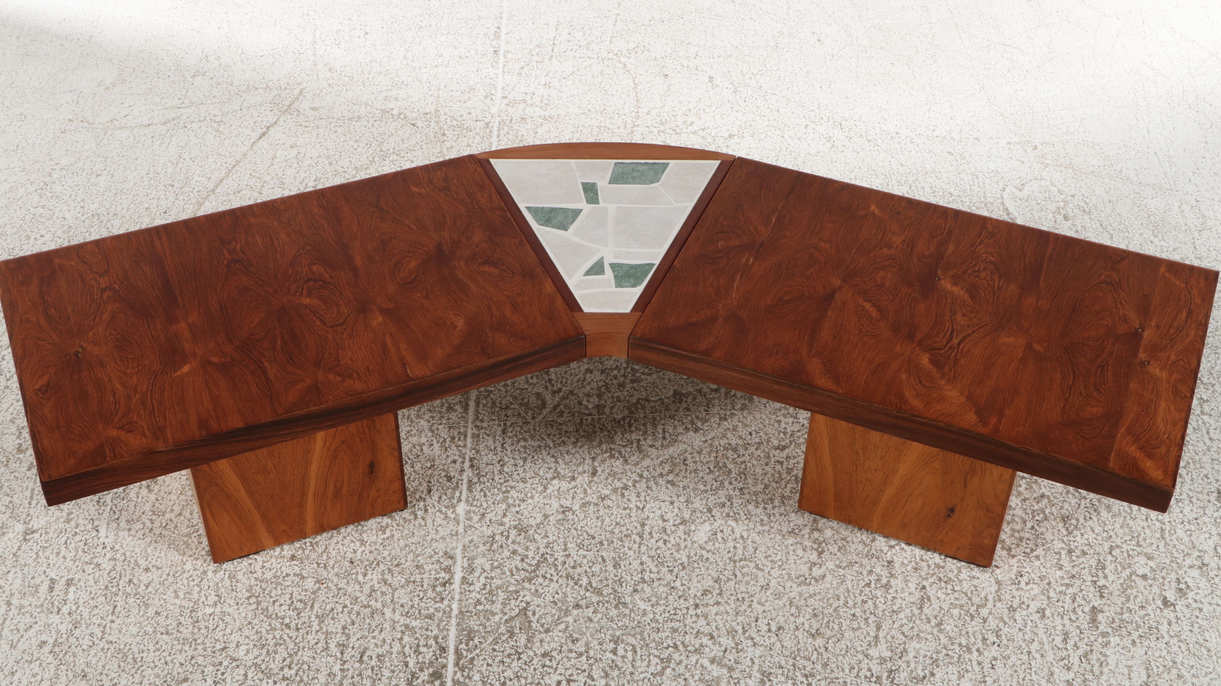 Mid Century Modern Expanding Rosewood and Mosaic Tile Boomerang Coffee Table