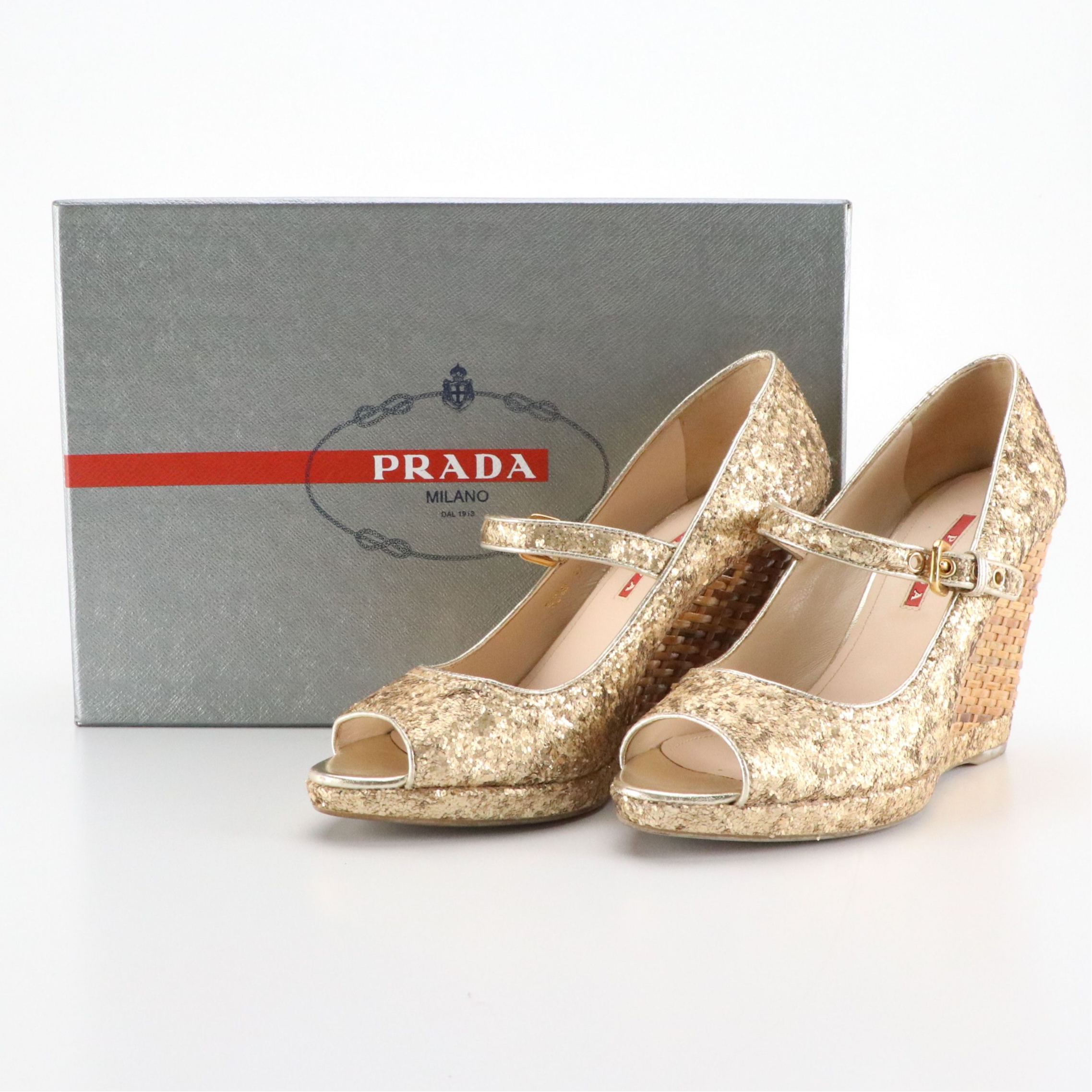 Prada Gold Glittered Mary-Jane Wicker Wedges, With Box