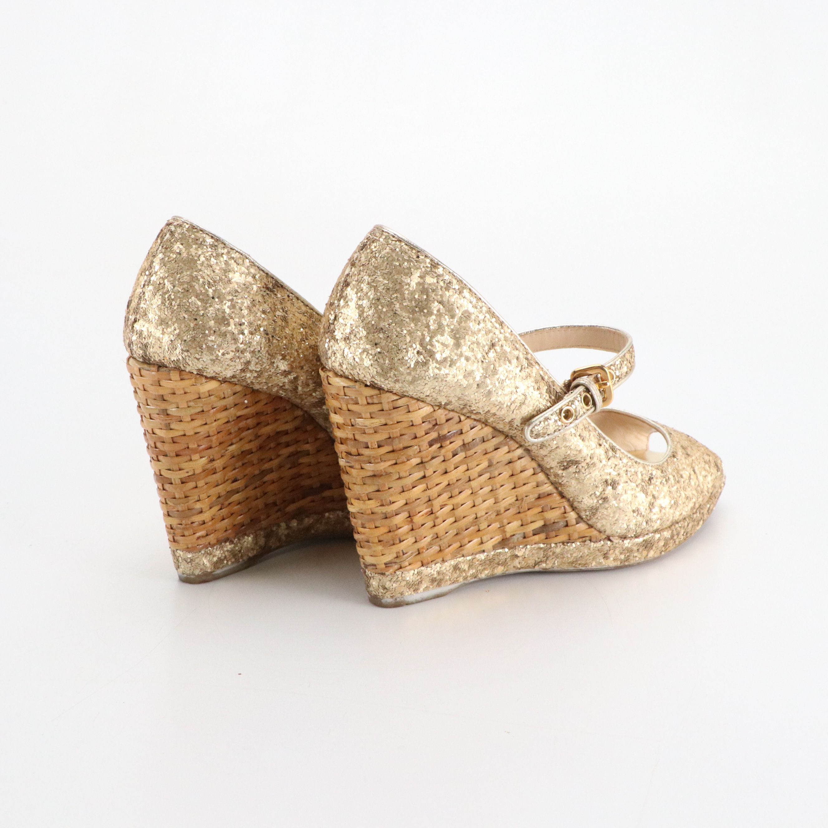 Prada Gold Glittered Mary-Jane Wicker Wedges, With Box