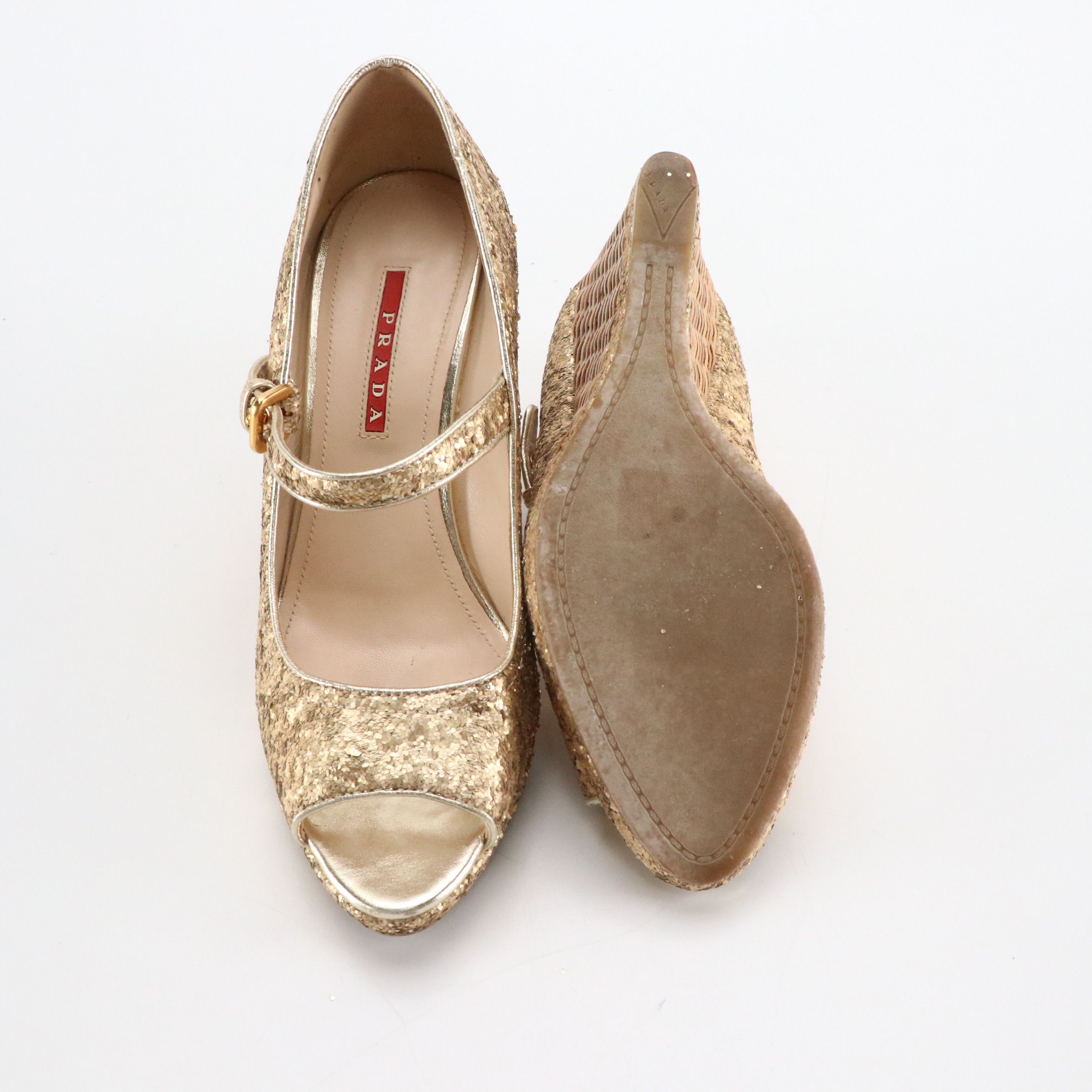 Prada Gold Glittered Mary-Jane Wicker Wedges, With Box