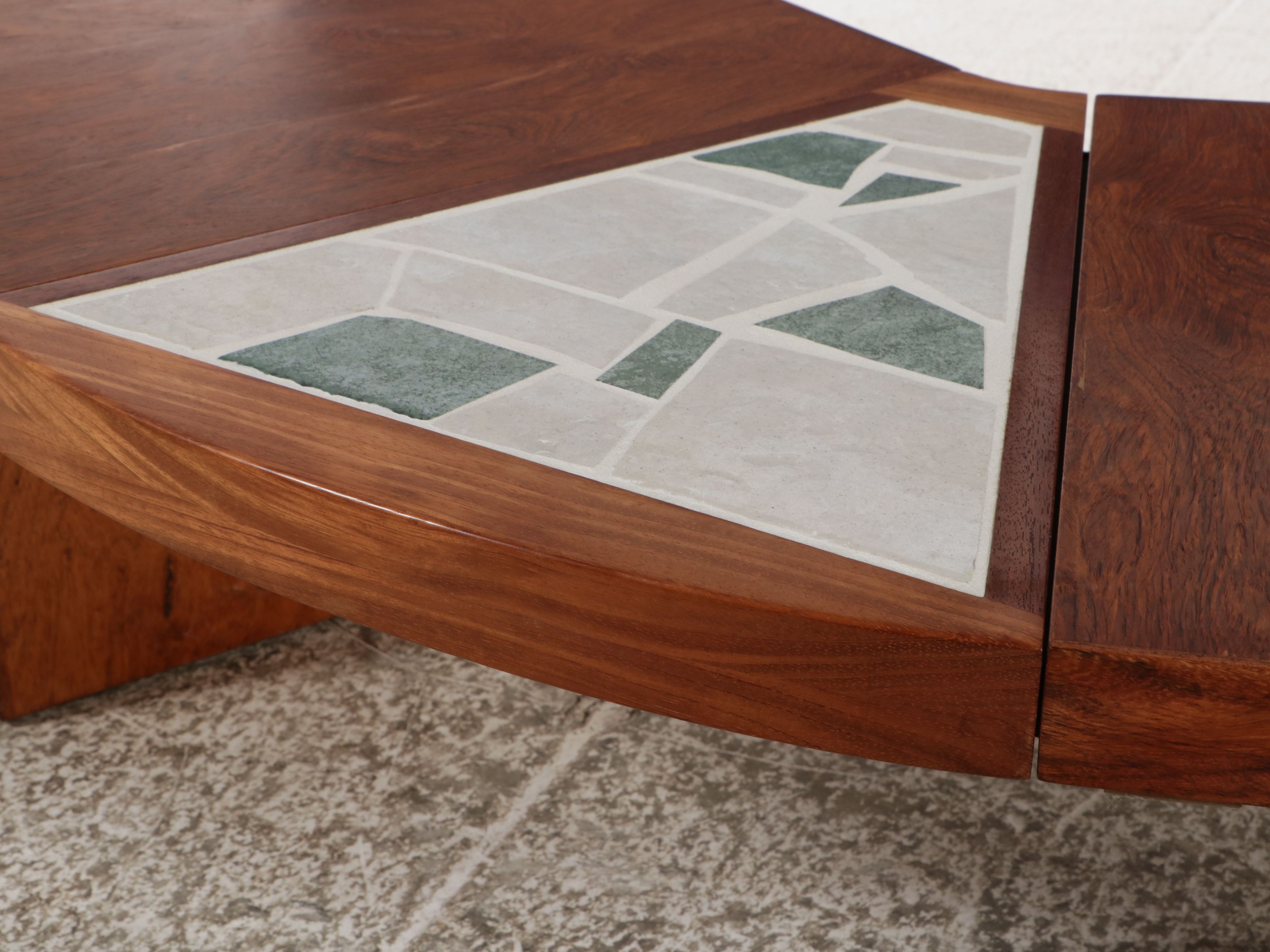 Mid Century Modern Expanding Rosewood and Mosaic Tile Boomerang Coffee Table
