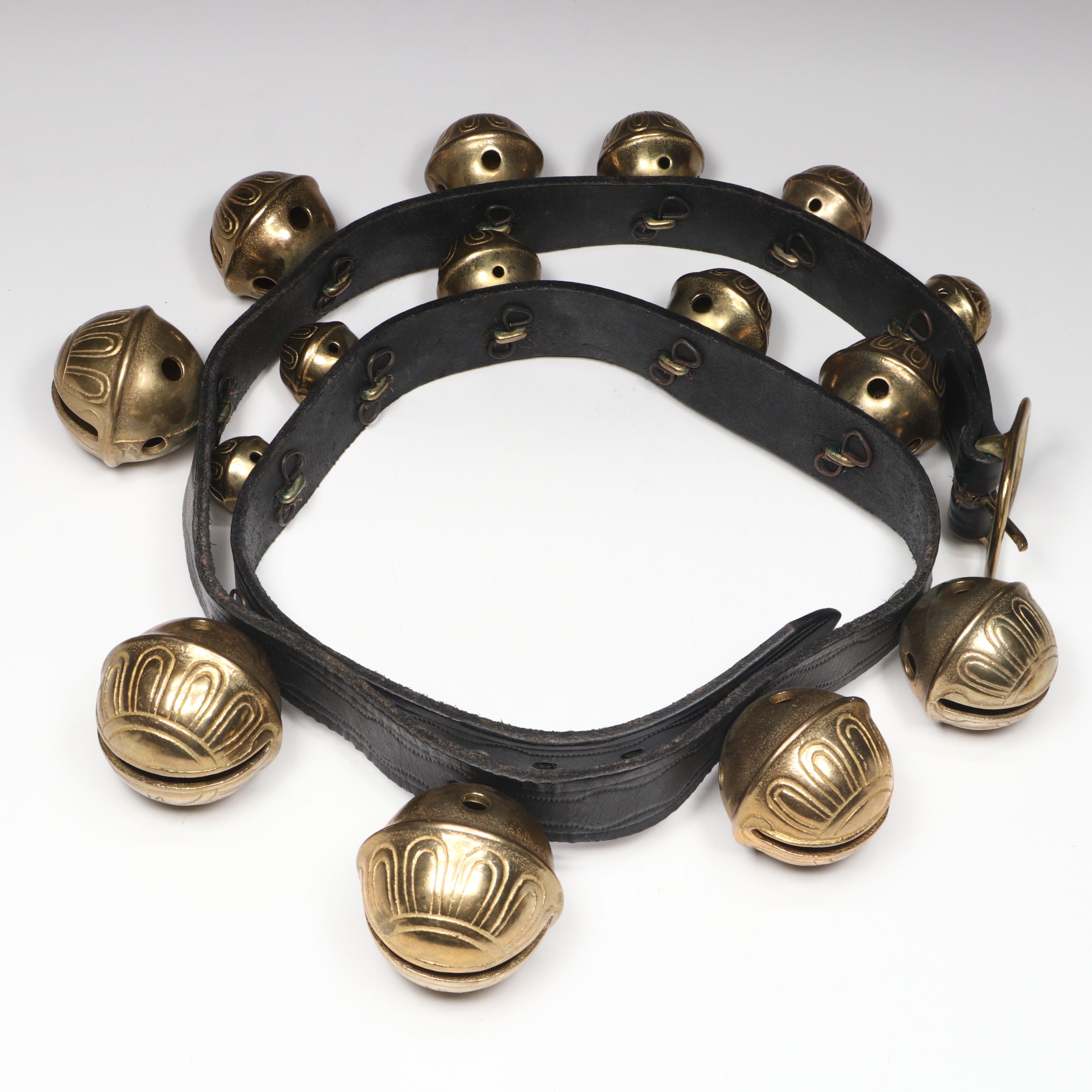 Brass Horse Sleigh Bells on Black Leather Tack Strap