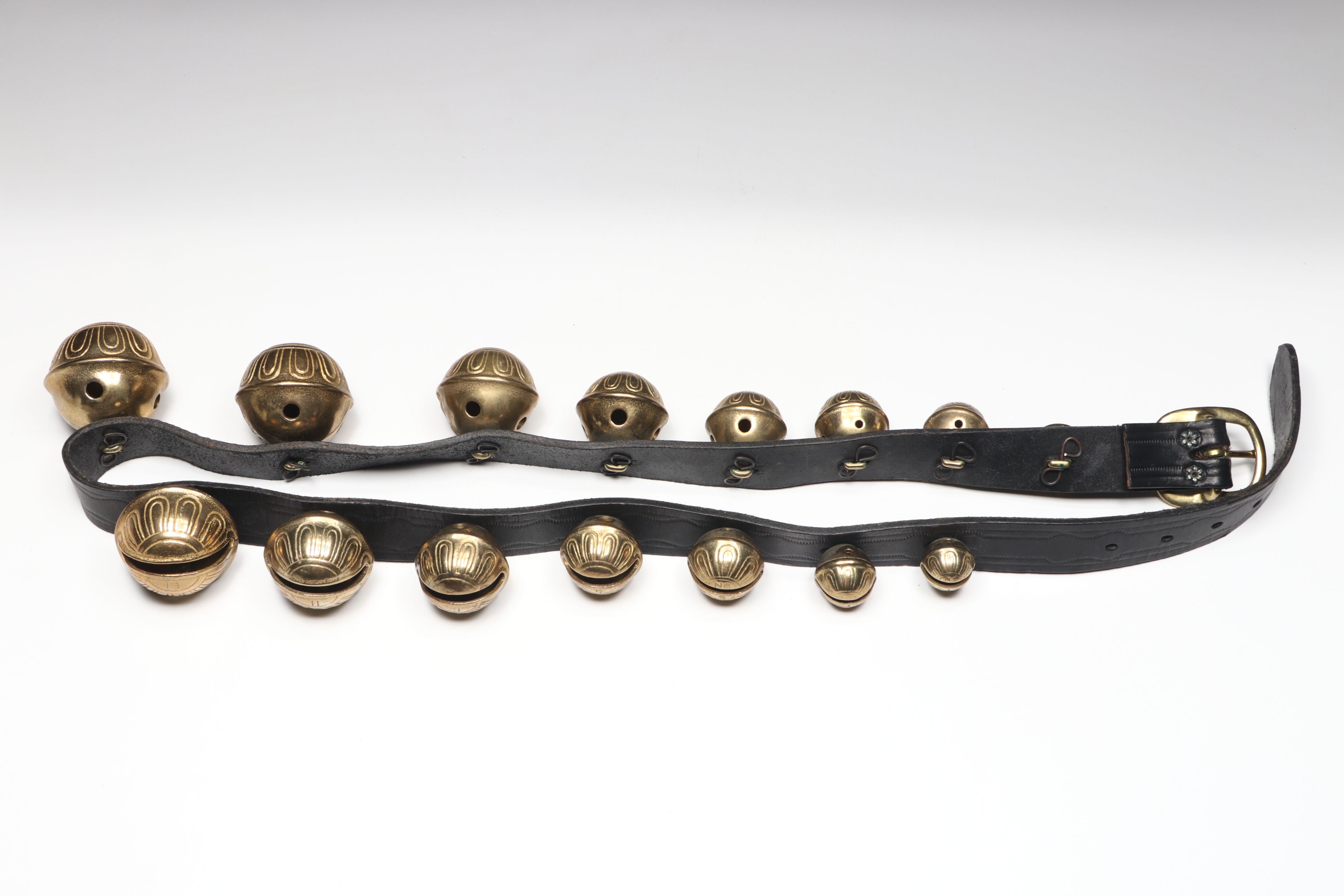 Brass Horse Sleigh Bells on Black Leather Tack Strap