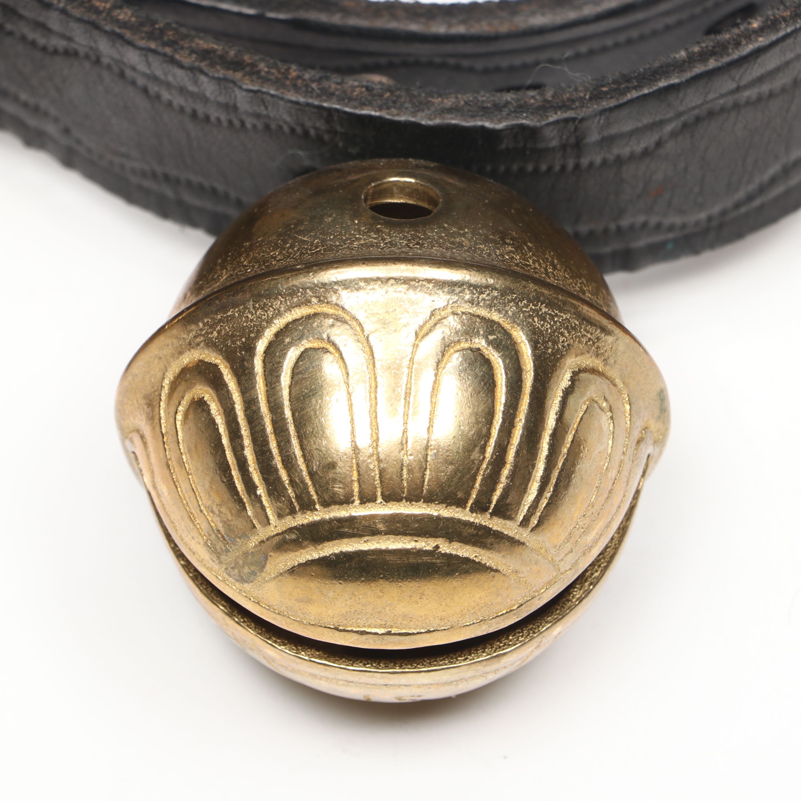 Brass Horse Sleigh Bells on Black Leather Tack Strap