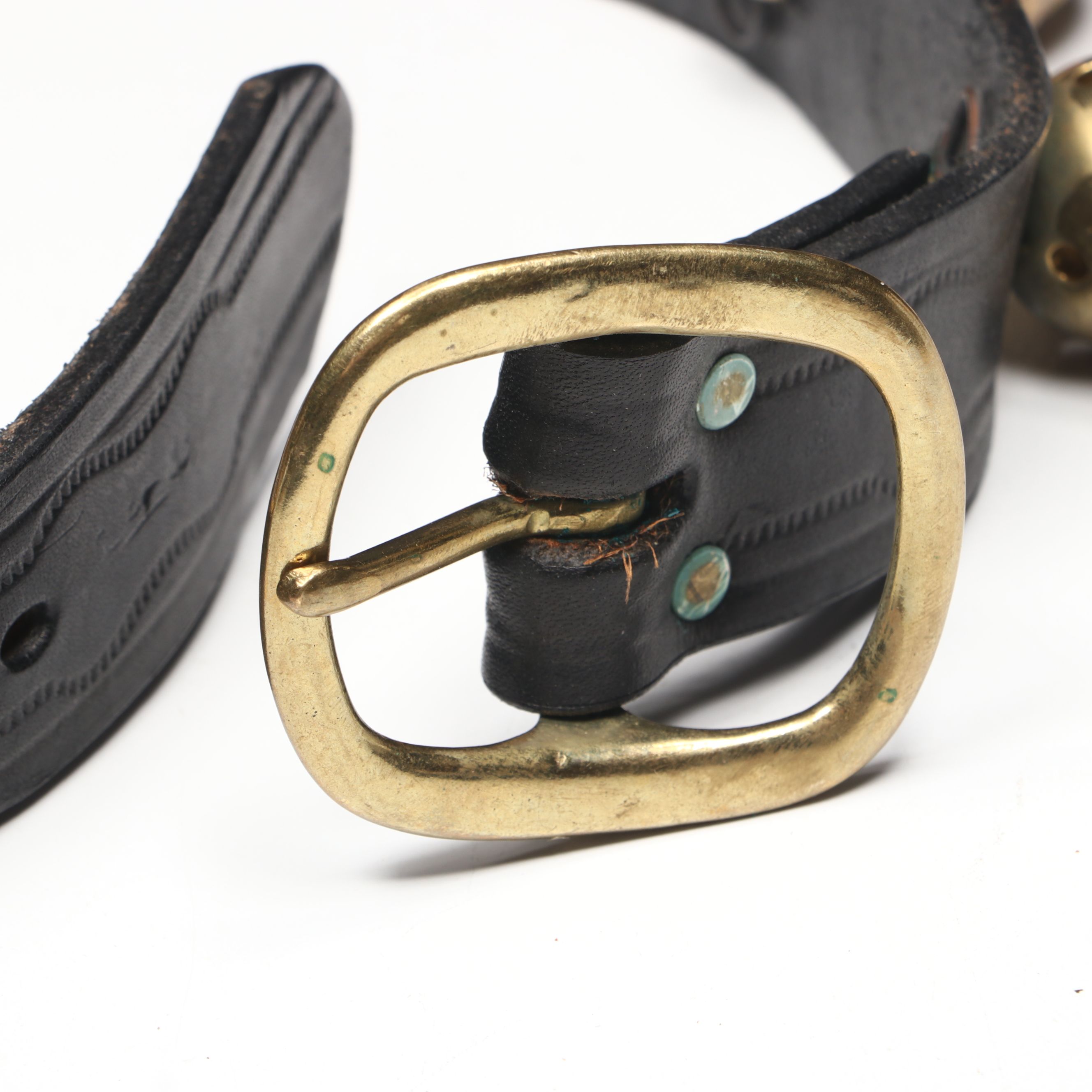 Brass Horse Sleigh Bells on Black Leather Tack Strap