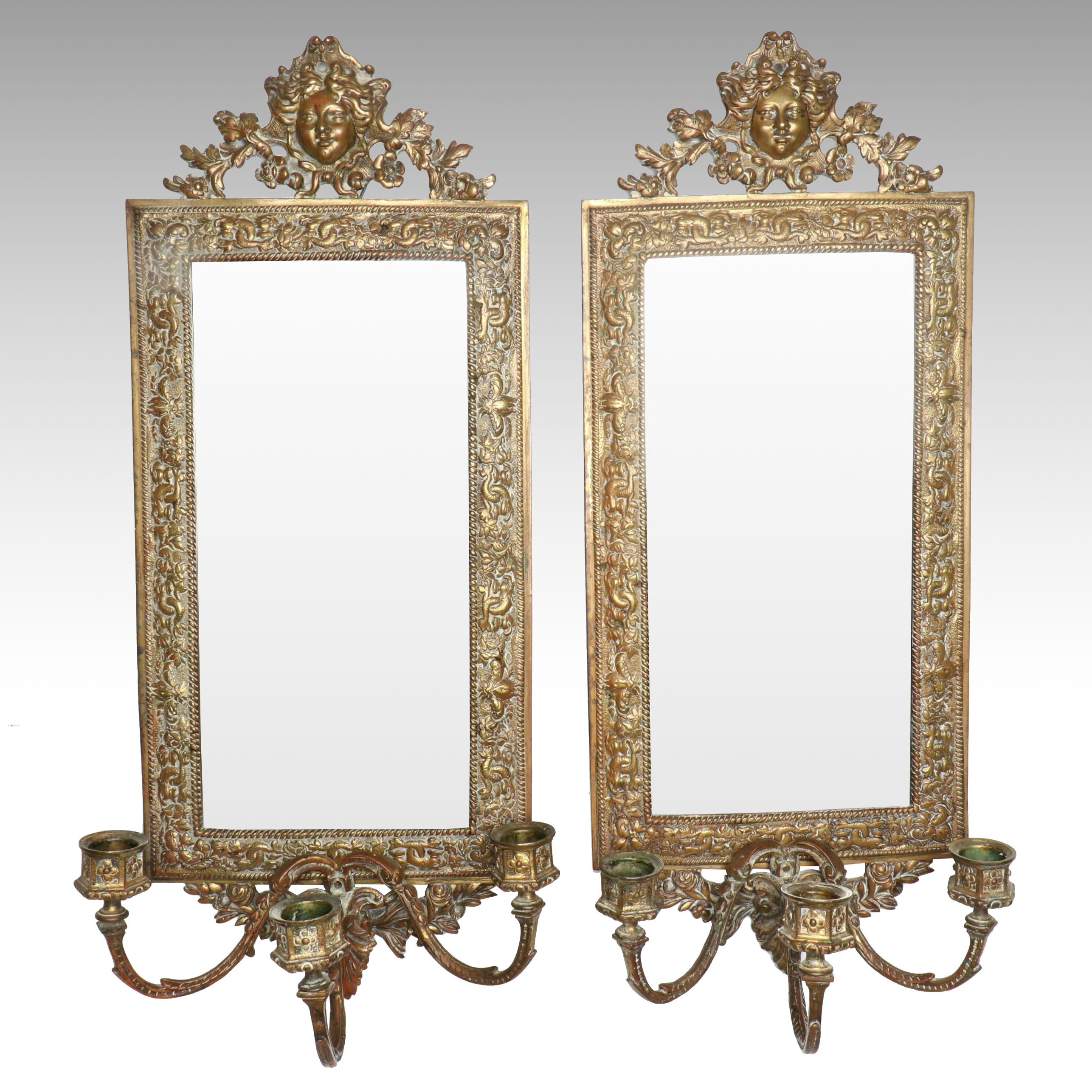 Pair of Baroque Revival Gilt Bronze Mirrored Wall Sconces