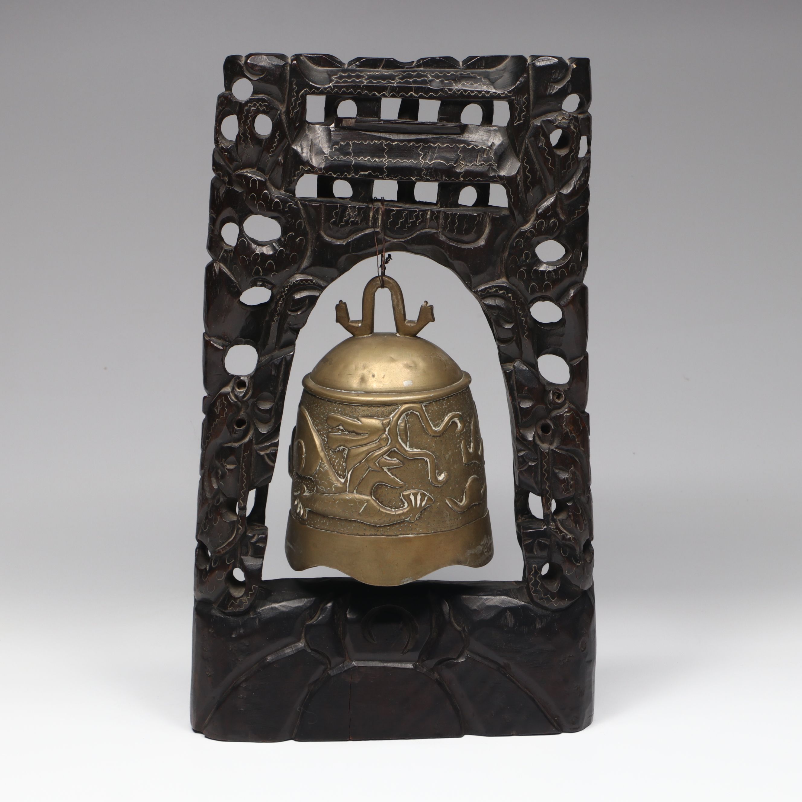 Chinese Embossed Dragon Brass Temple Bell on Carved Wood Stand