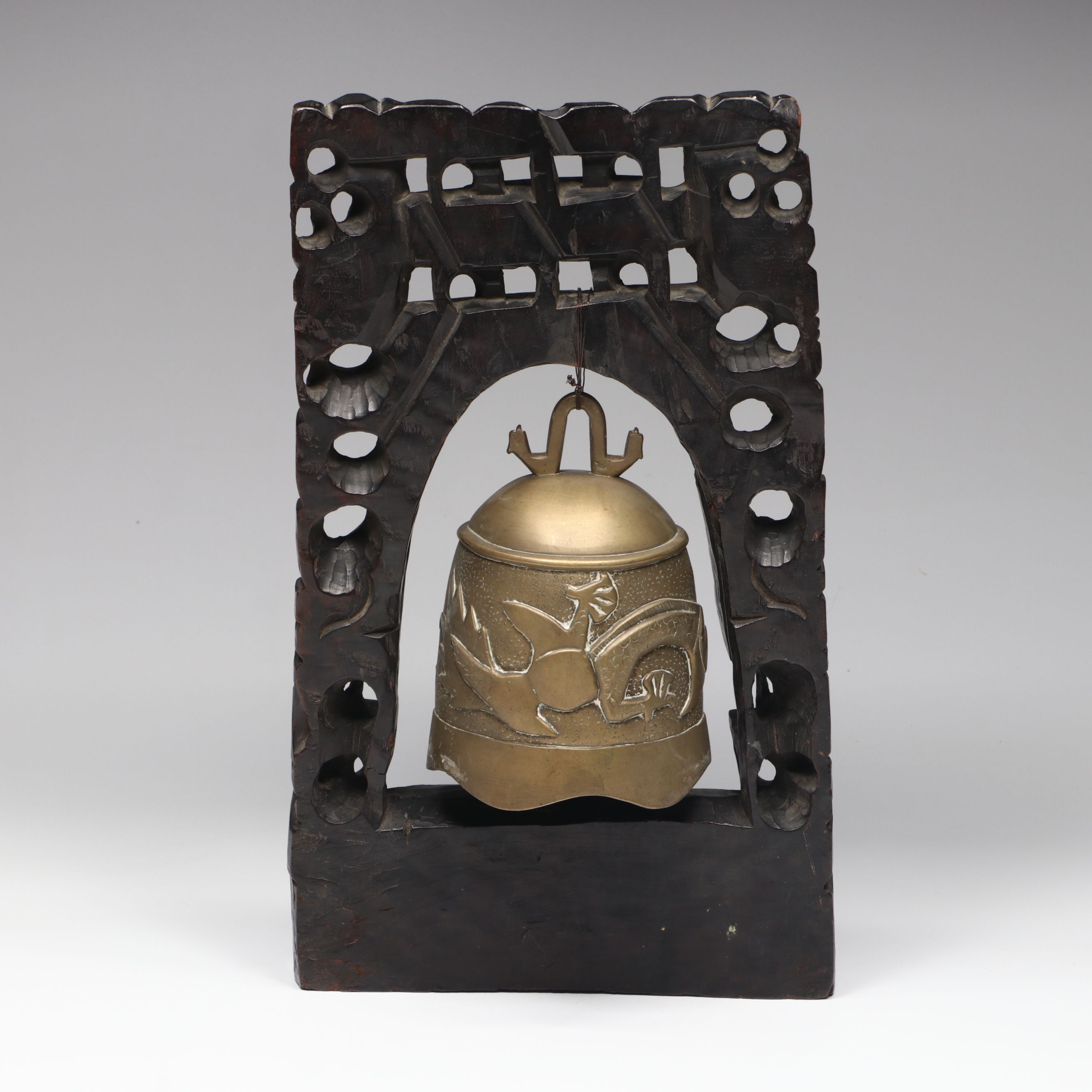 Chinese Embossed Dragon Brass Temple Bell on Carved Wood Stand