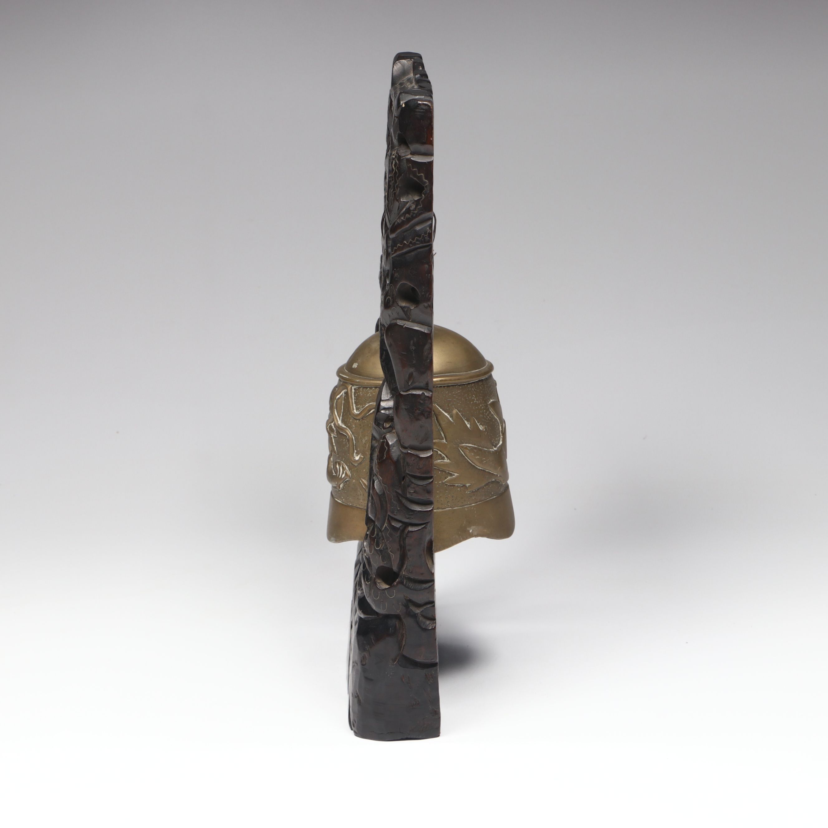 Chinese Embossed Dragon Brass Temple Bell on Carved Wood Stand