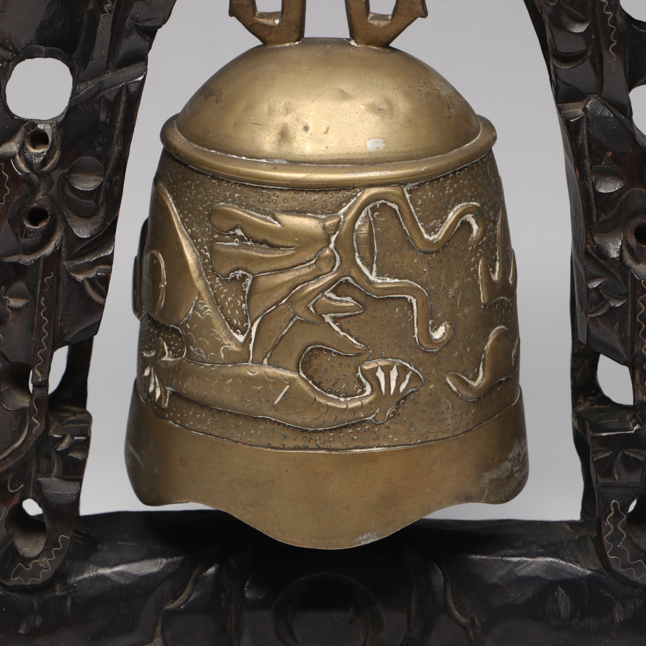Chinese Embossed Dragon Brass Temple Bell on Carved Wood Stand