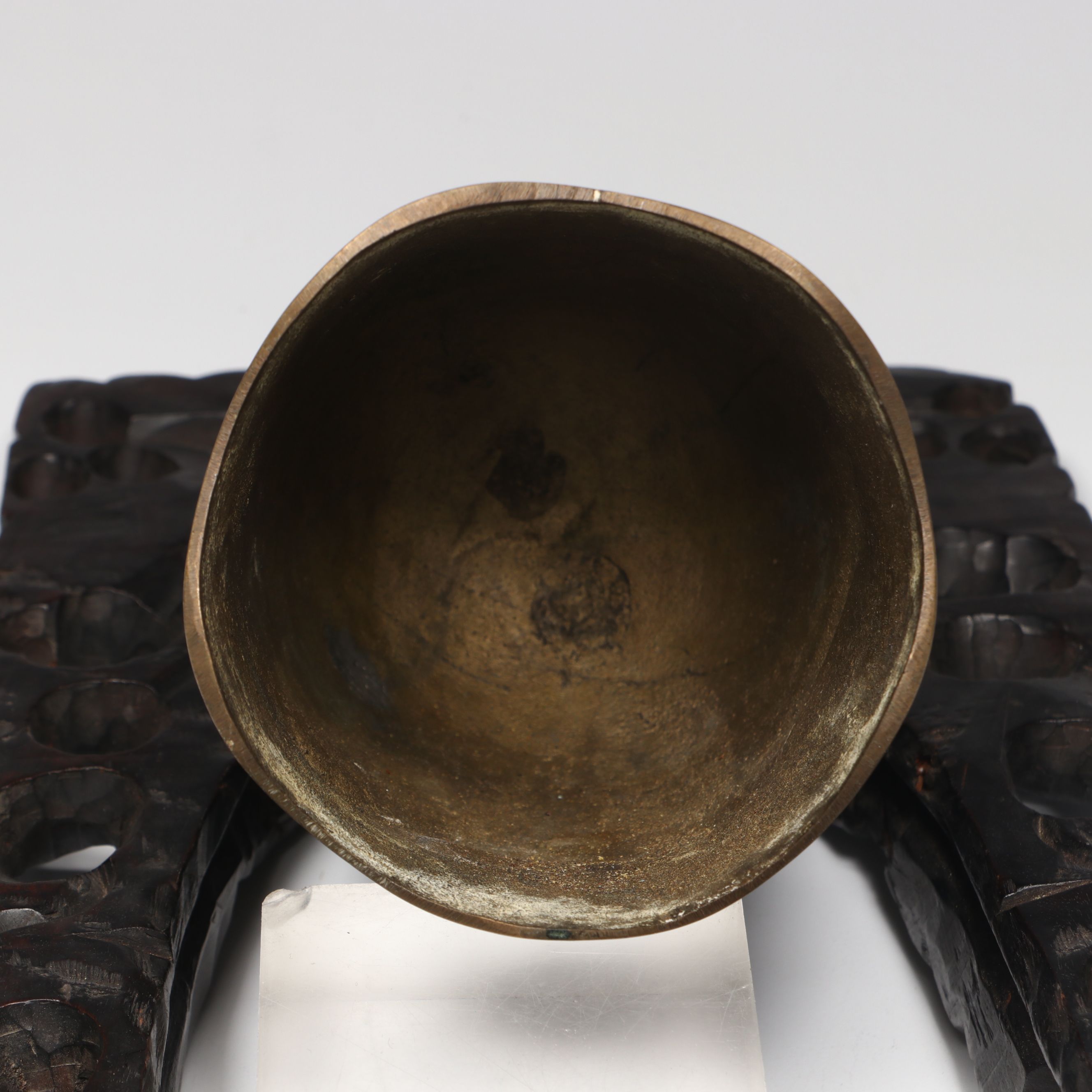 Chinese Embossed Dragon Brass Temple Bell on Carved Wood Stand