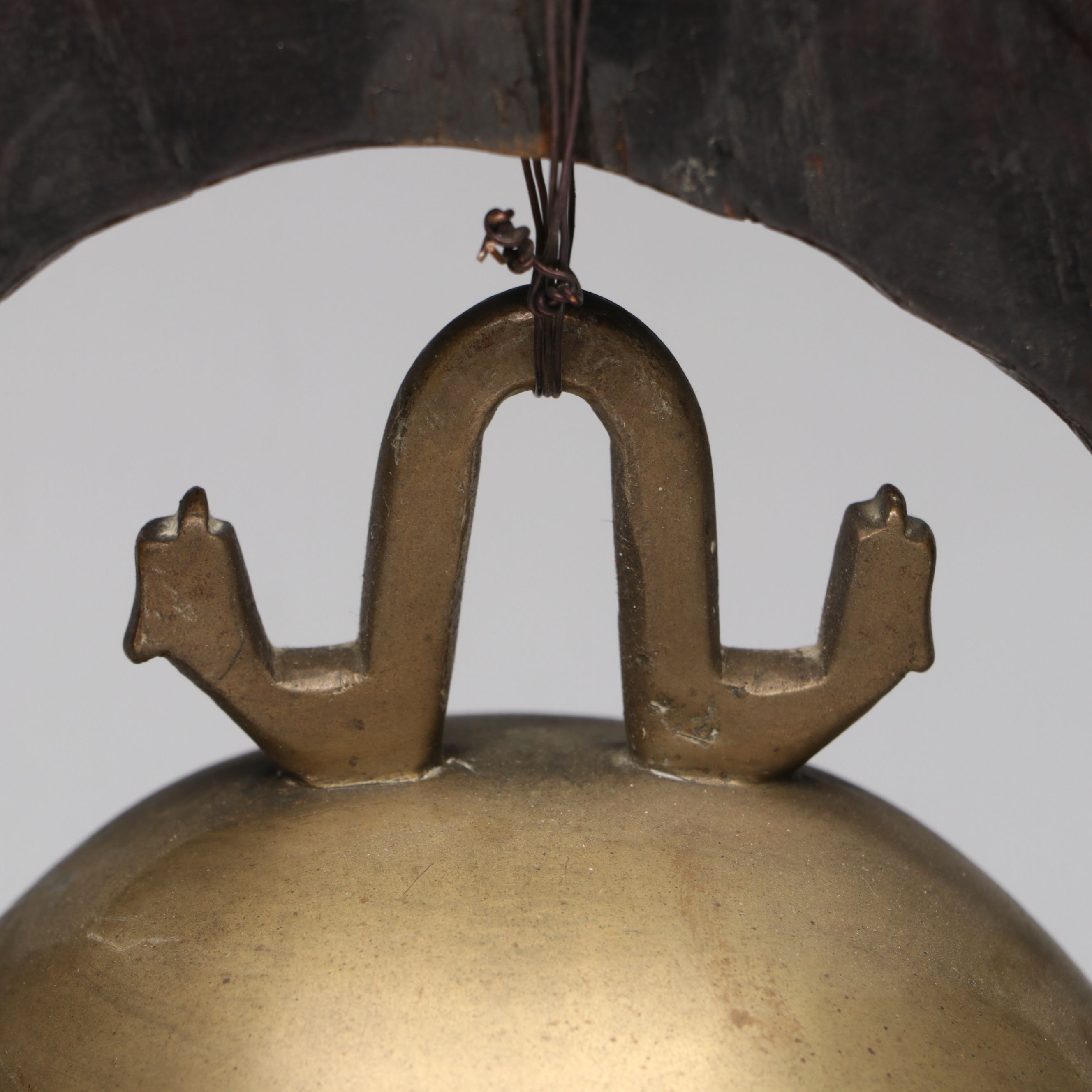 Chinese Embossed Dragon Brass Temple Bell on Carved Wood Stand