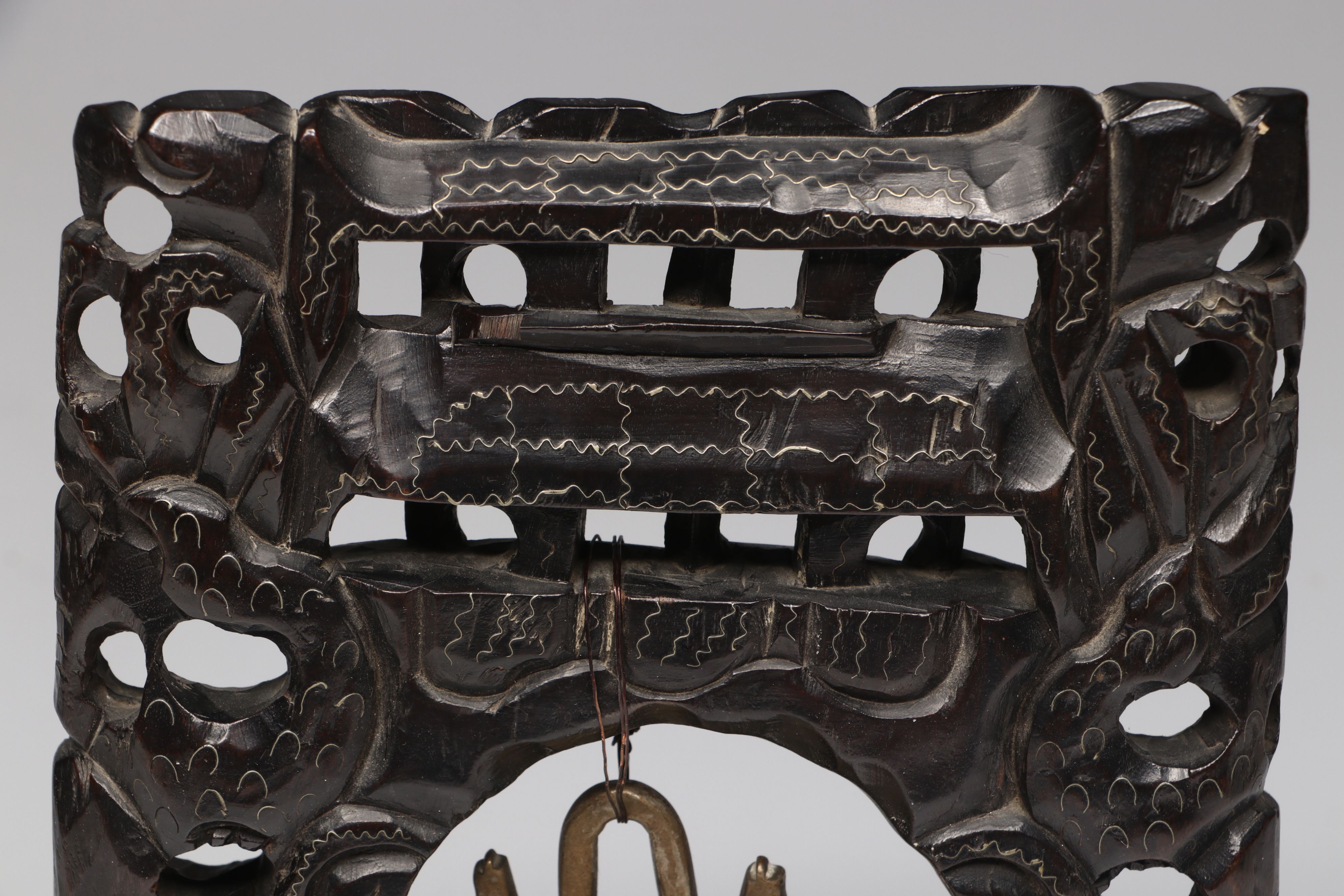 Chinese Embossed Dragon Brass Temple Bell on Carved Wood Stand