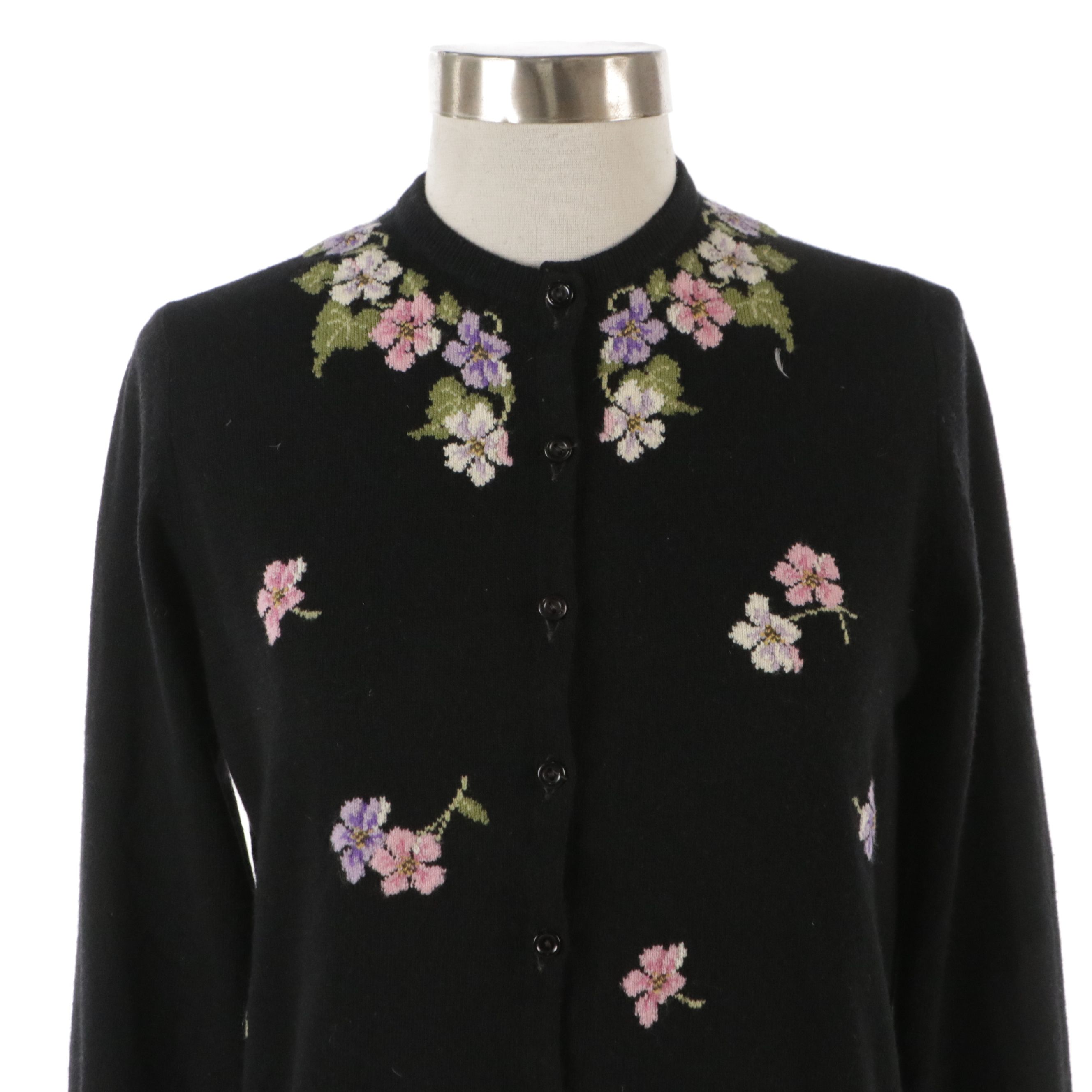 Scottish Cashmere Cardigan Sweater with Floral Embroidery