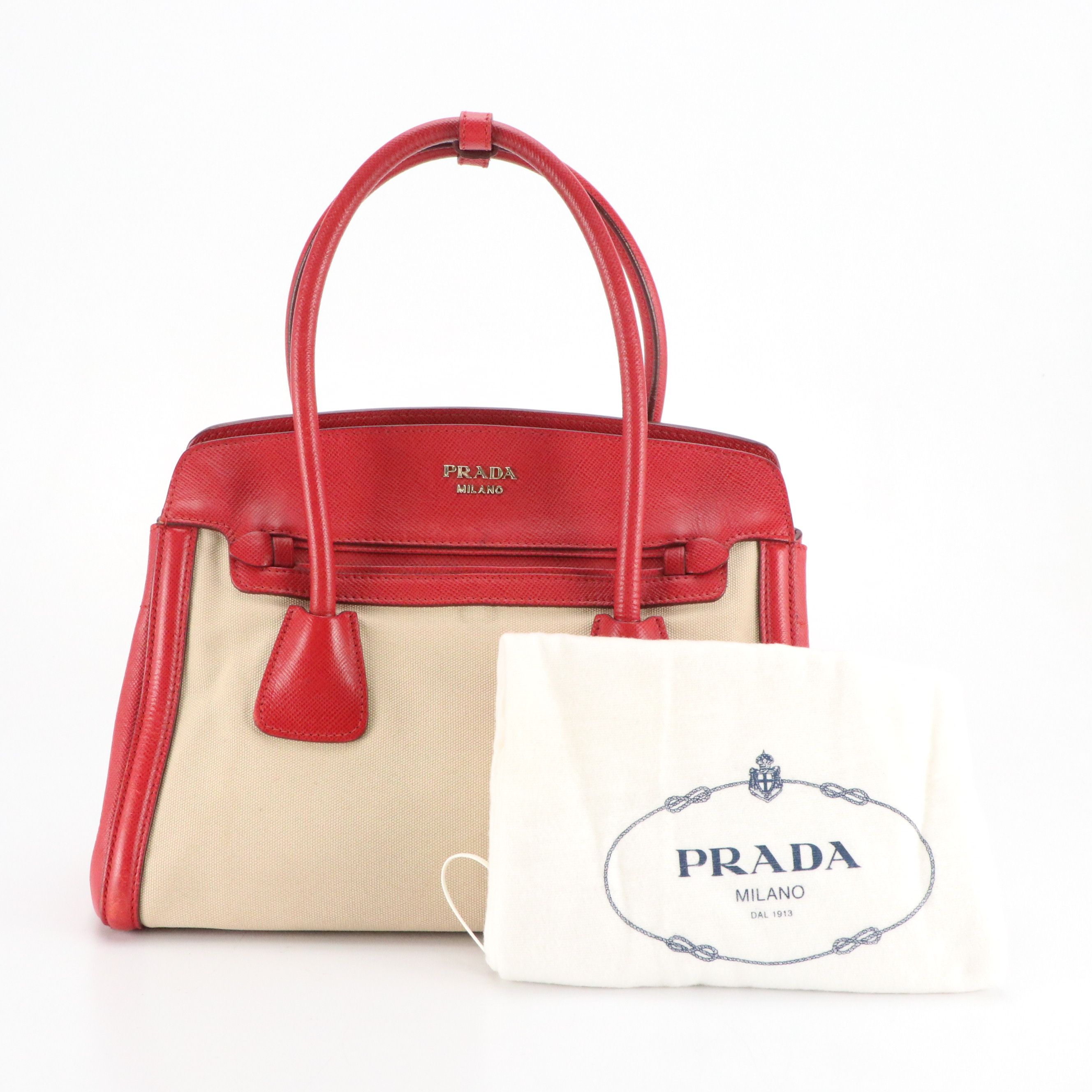 Prada Canapa Tote in Neutral Canvas and Red Saffiano Leather