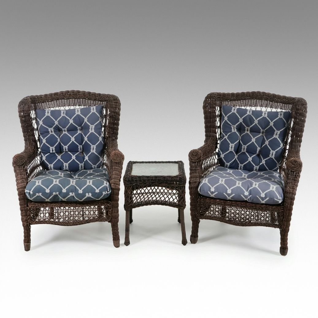 Pair of Rattan Wicker Armchairs with Side Table