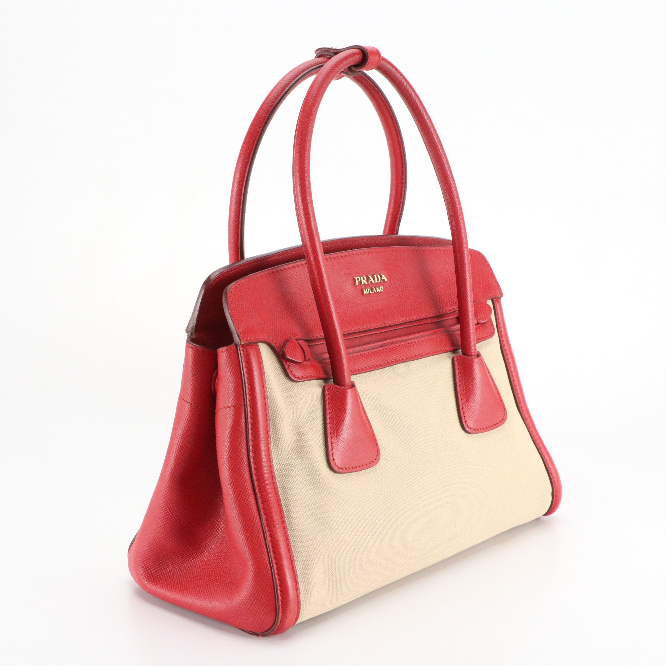 Prada Canapa Tote in Neutral Canvas and Red Saffiano Leather