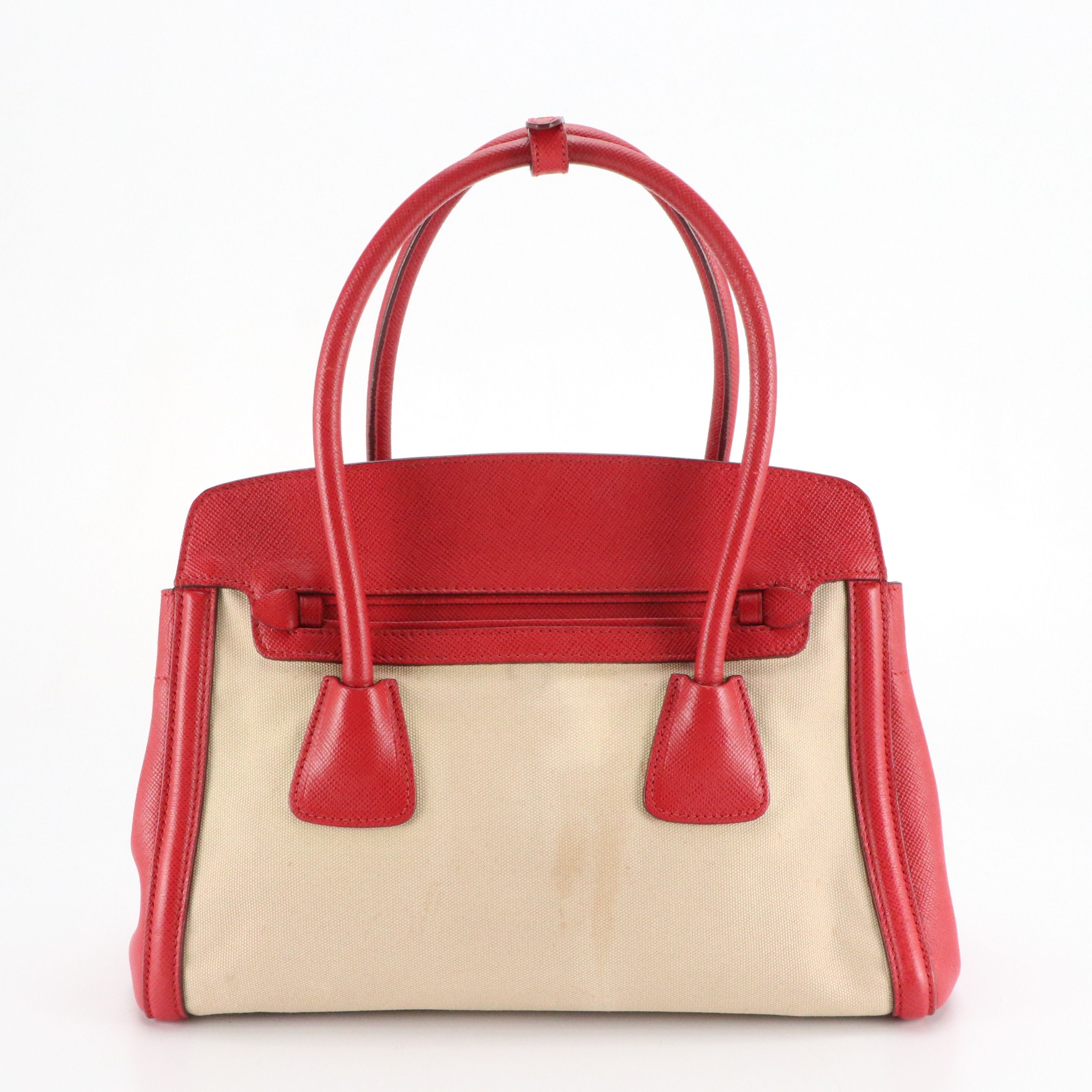Prada Canapa Tote in Neutral Canvas and Red Saffiano Leather