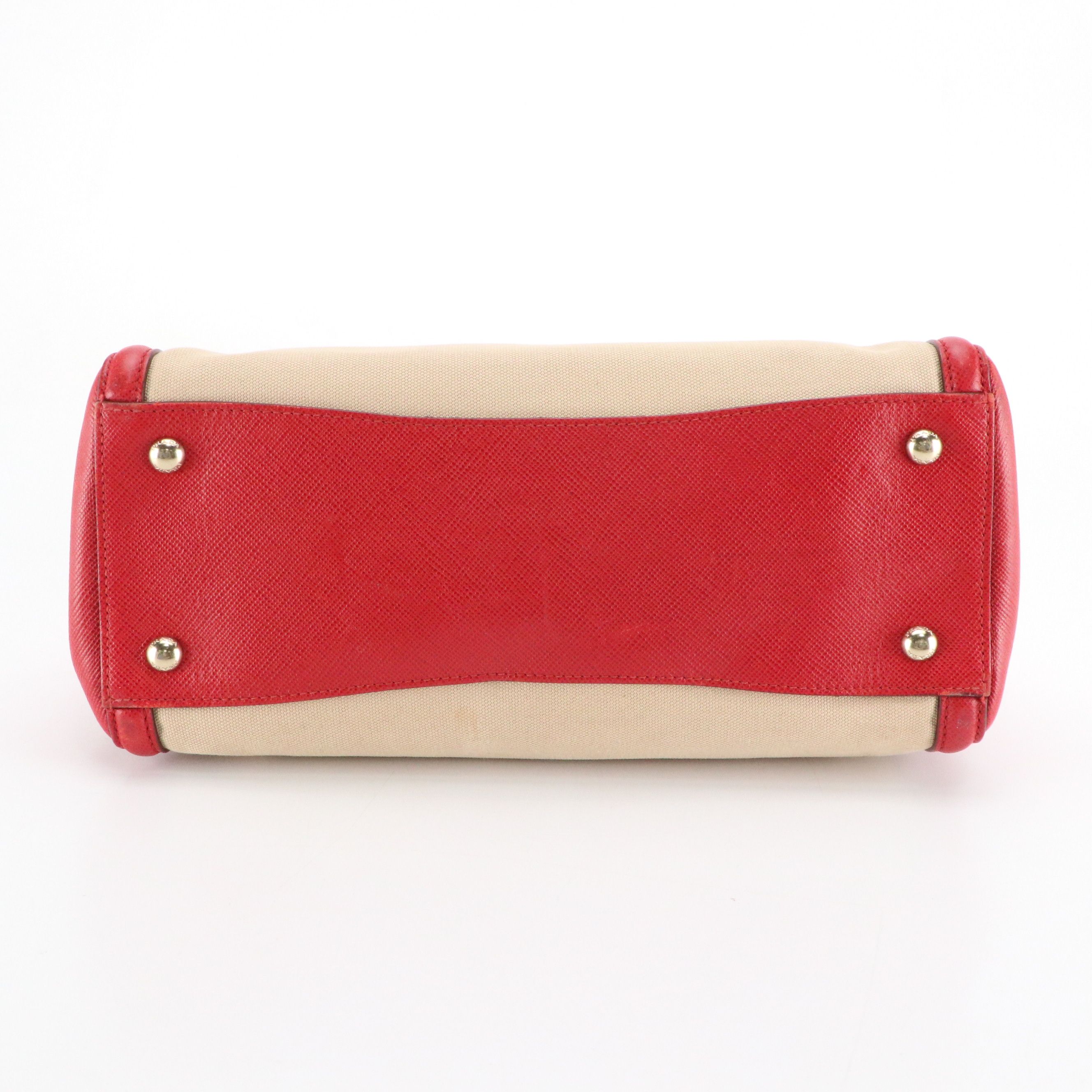 Prada Canapa Tote in Neutral Canvas and Red Saffiano Leather