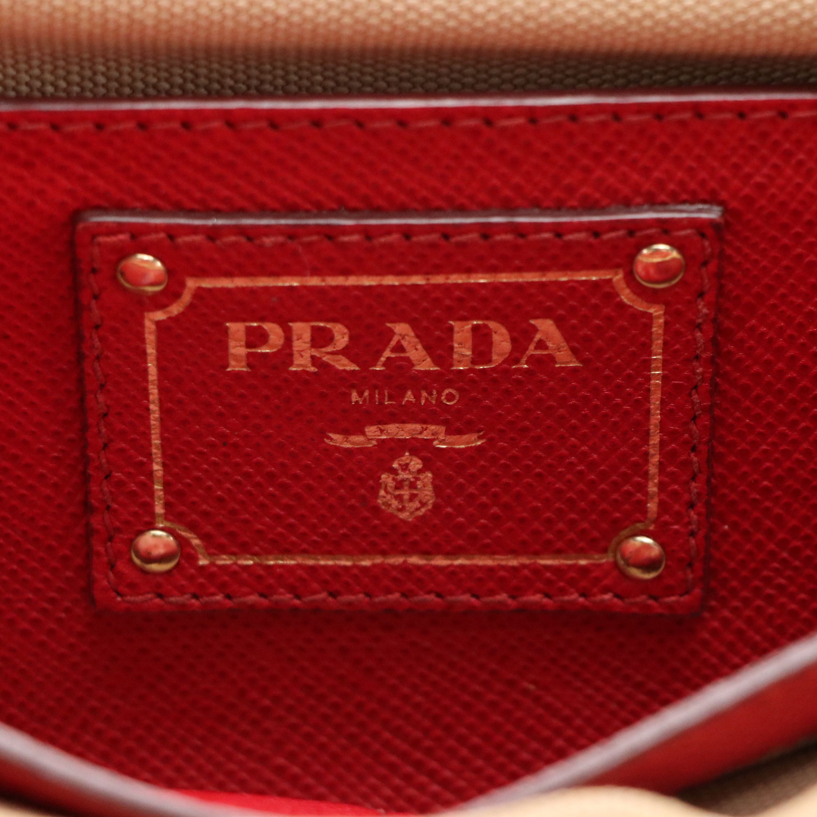 Prada Canapa Tote in Neutral Canvas and Red Saffiano Leather