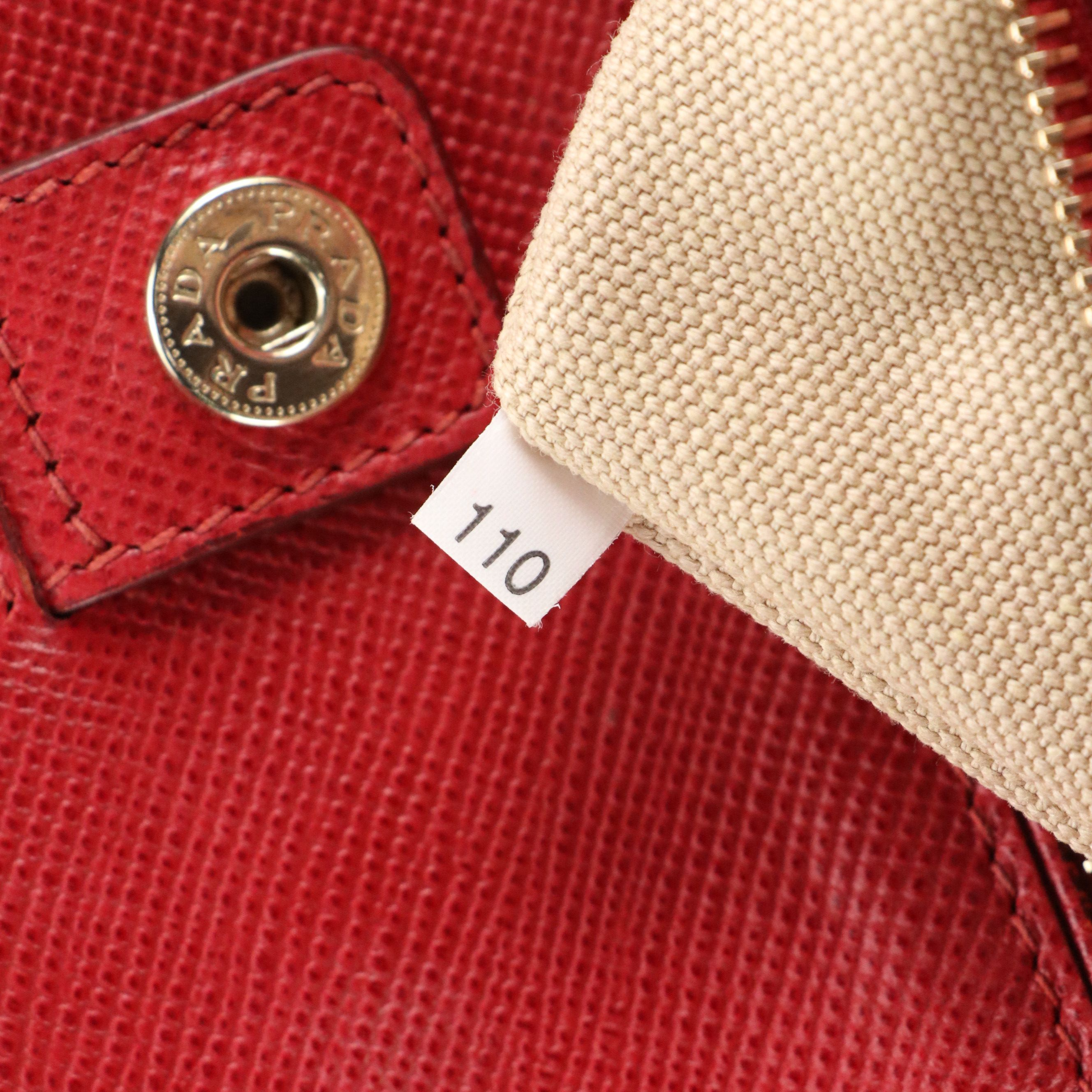 Prada Canapa Tote in Neutral Canvas and Red Saffiano Leather