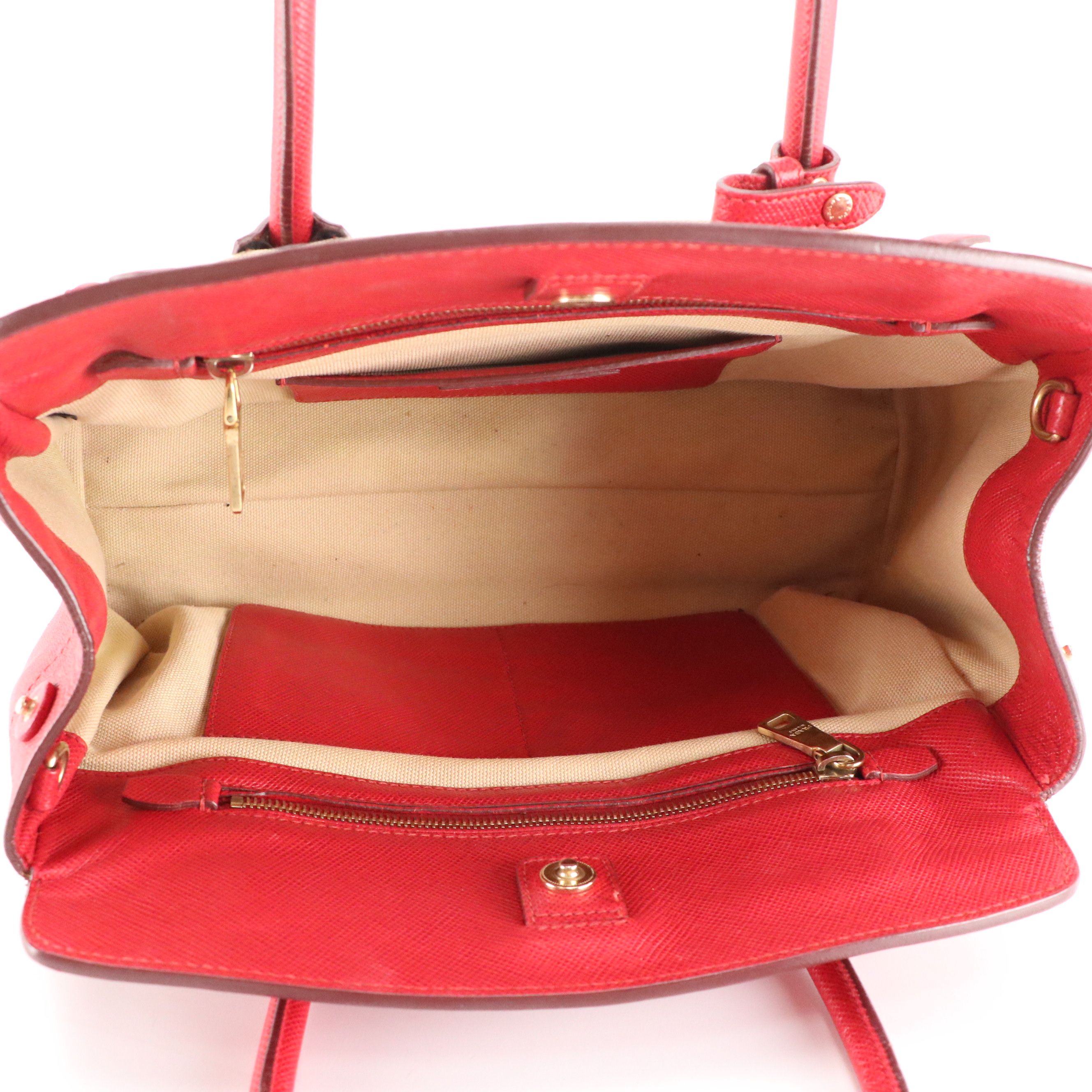 Prada Canapa Tote in Neutral Canvas and Red Saffiano Leather