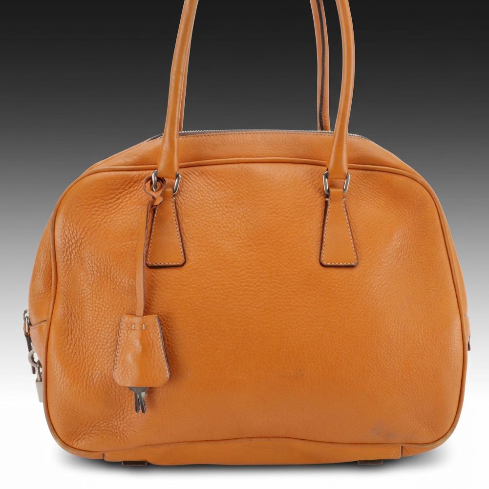 Prada Bauletto Bowler Shoulder Bag in Orange Grained Leather
