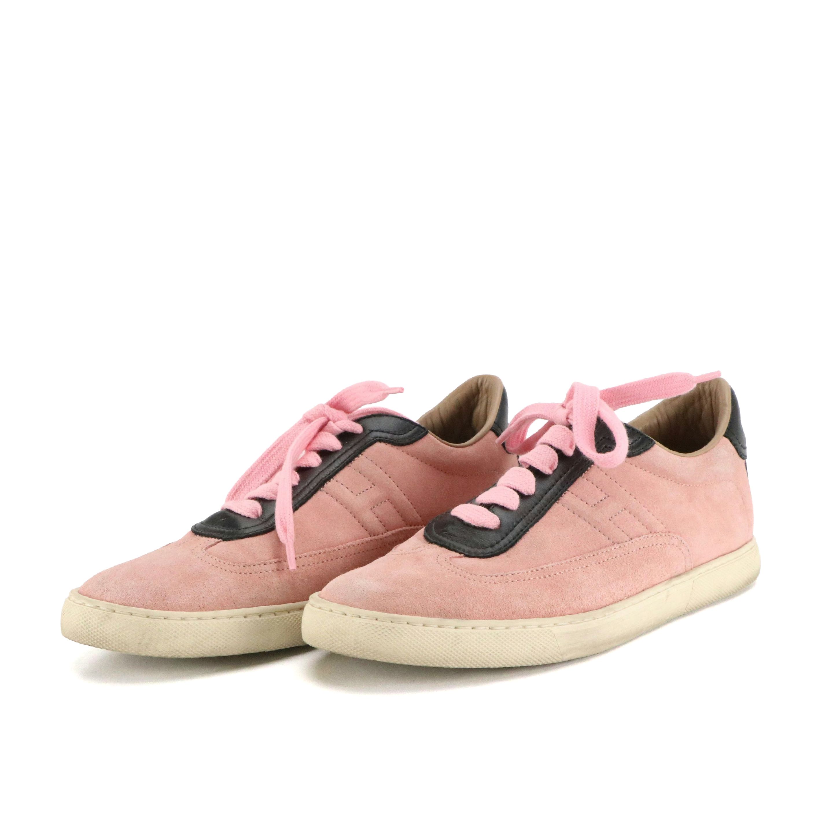 Hermès "Quicker" Sneakers in Pink Suede and Black Leather Trim