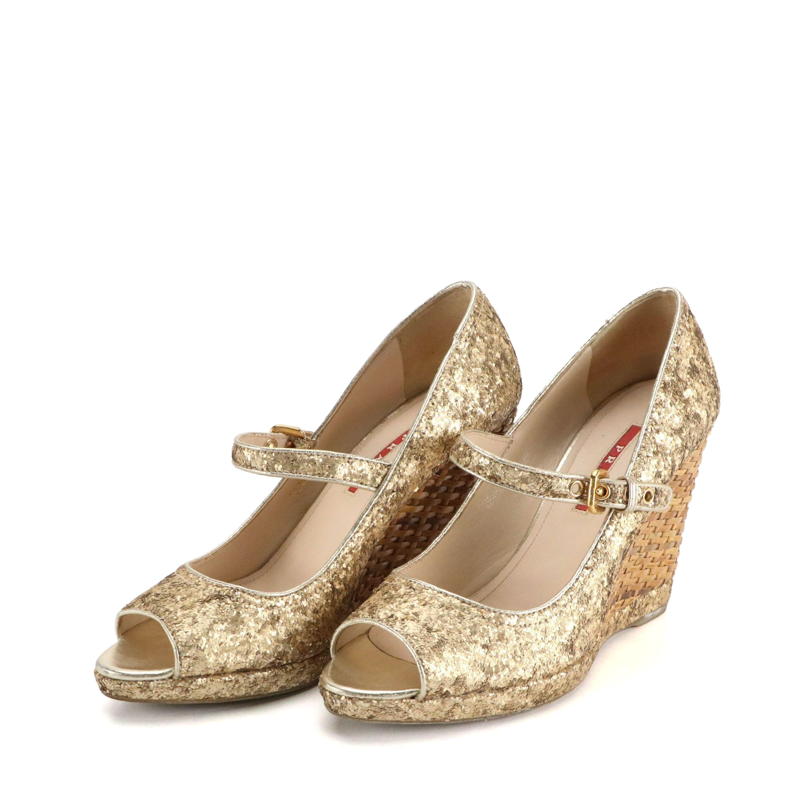 Prada Gold Glittered Mary-Jane Wicker Wedges, With Box