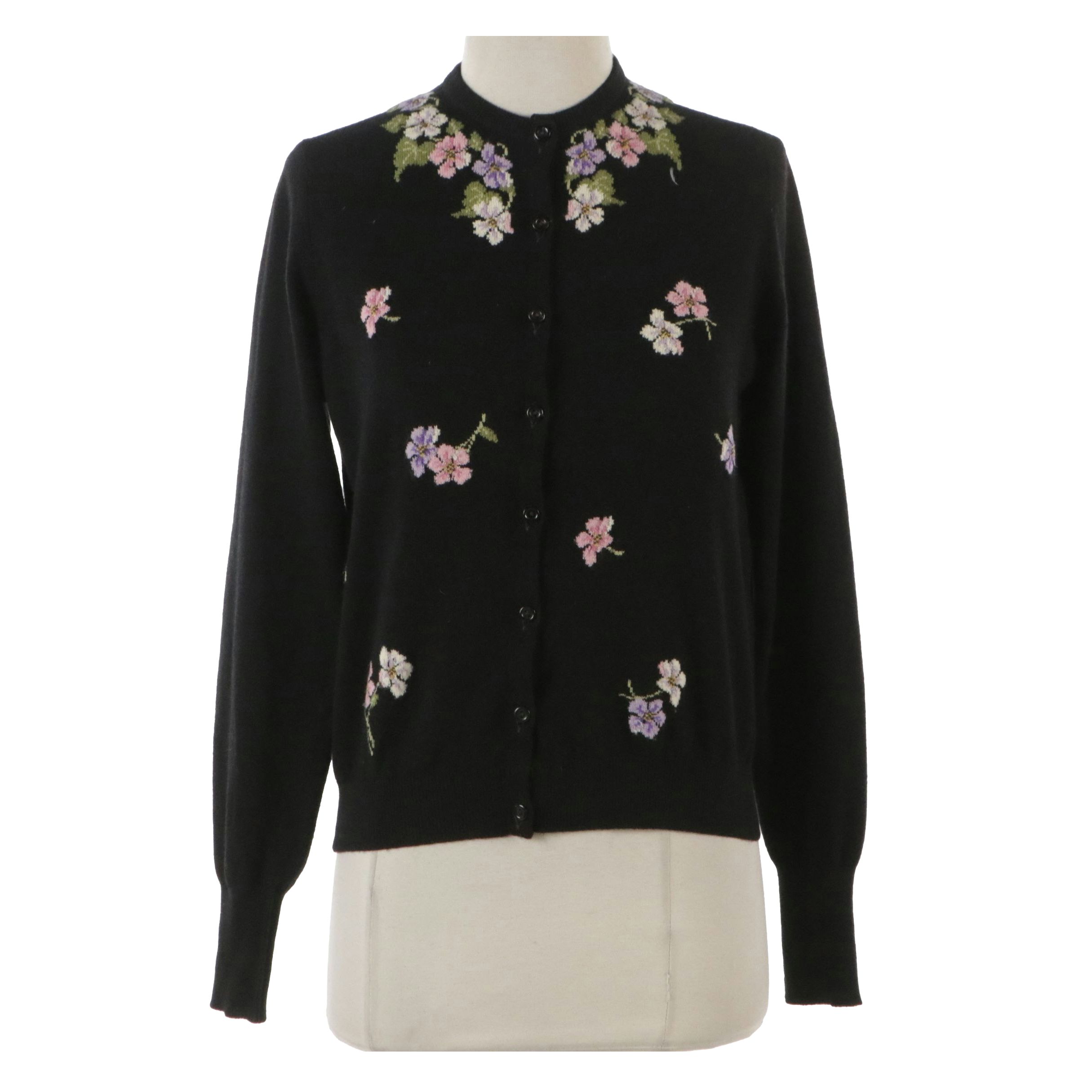 Scottish Cashmere Cardigan Sweater with Floral Embroidery