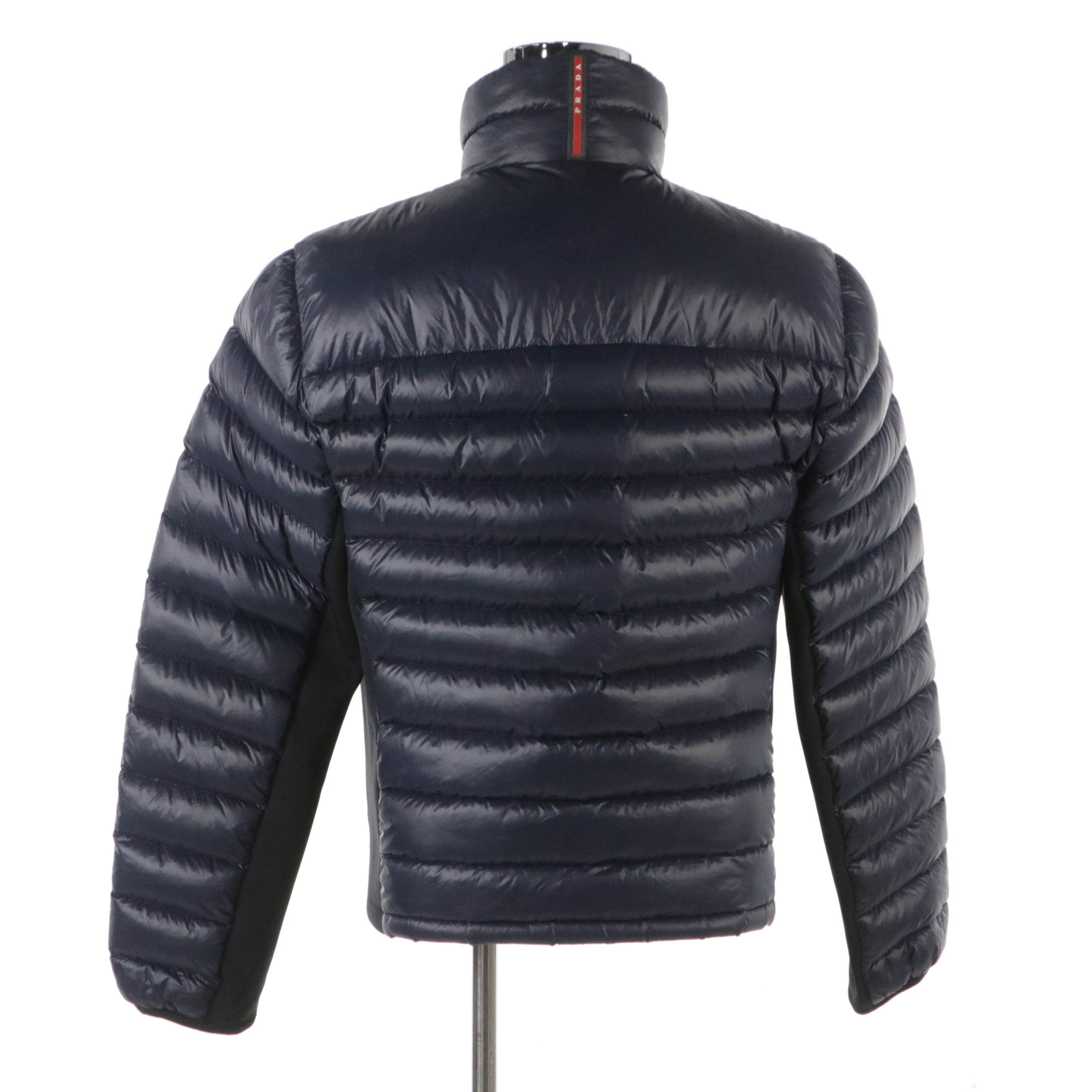 Men's Prada Sport Quilted Puffer Jacket in Navy Blue Nylon and Neoprene Panels