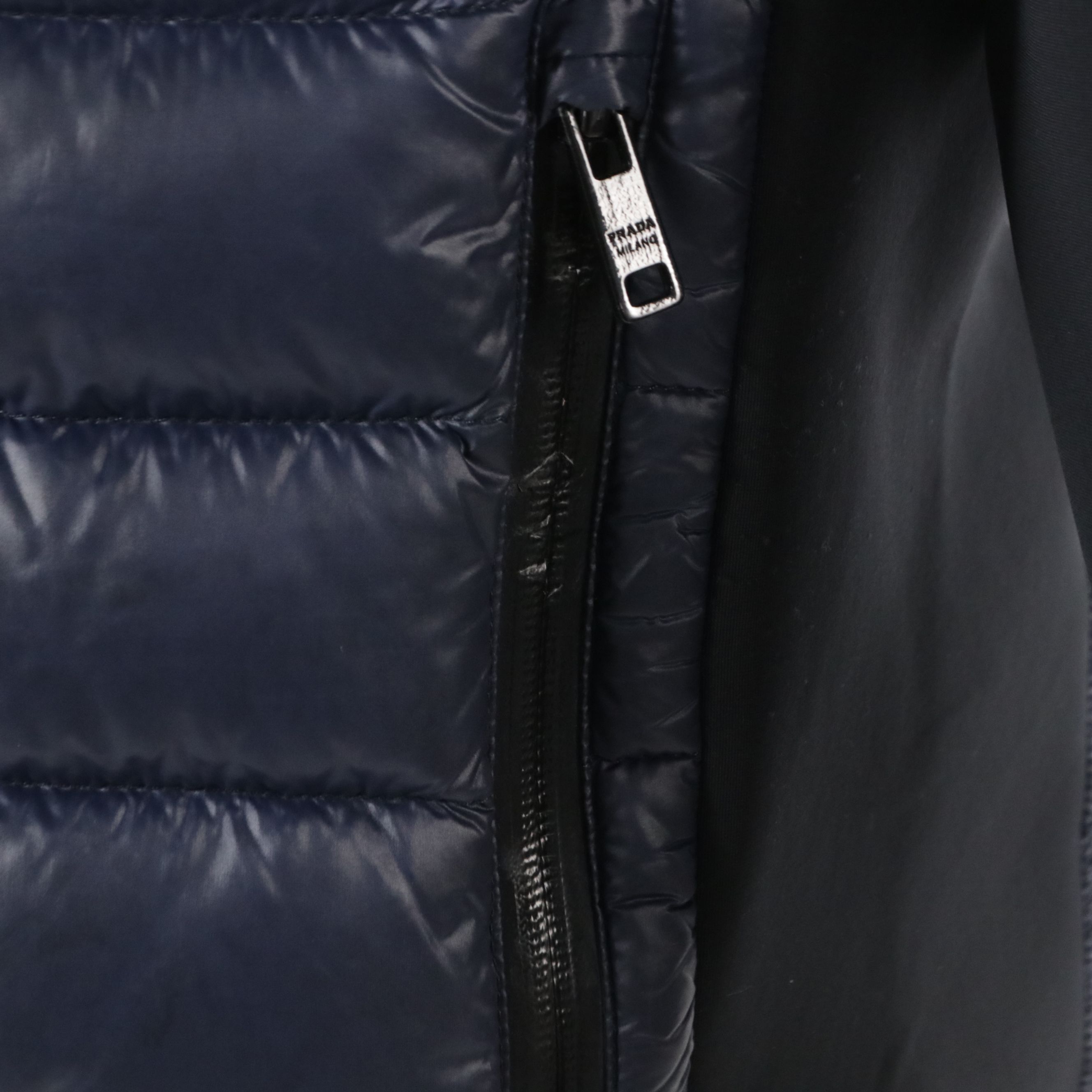 Men's Prada Sport Quilted Puffer Jacket in Navy Blue Nylon and Neoprene Panels