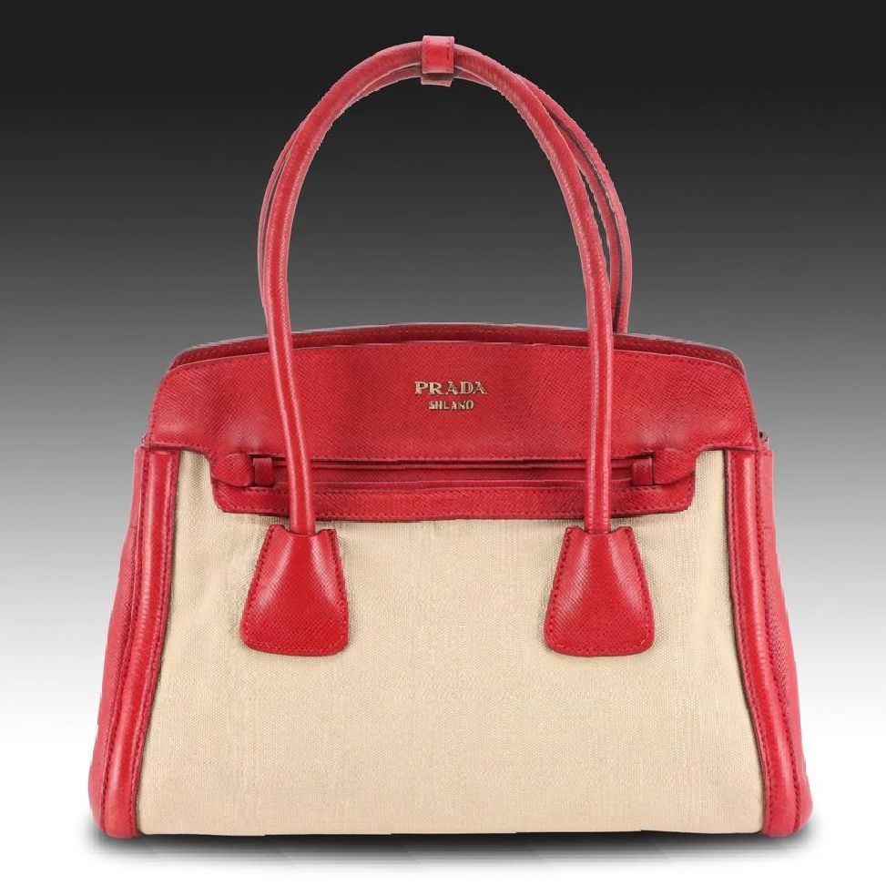 Prada Canapa Tote in Neutral Canvas and Red Saffiano Leather