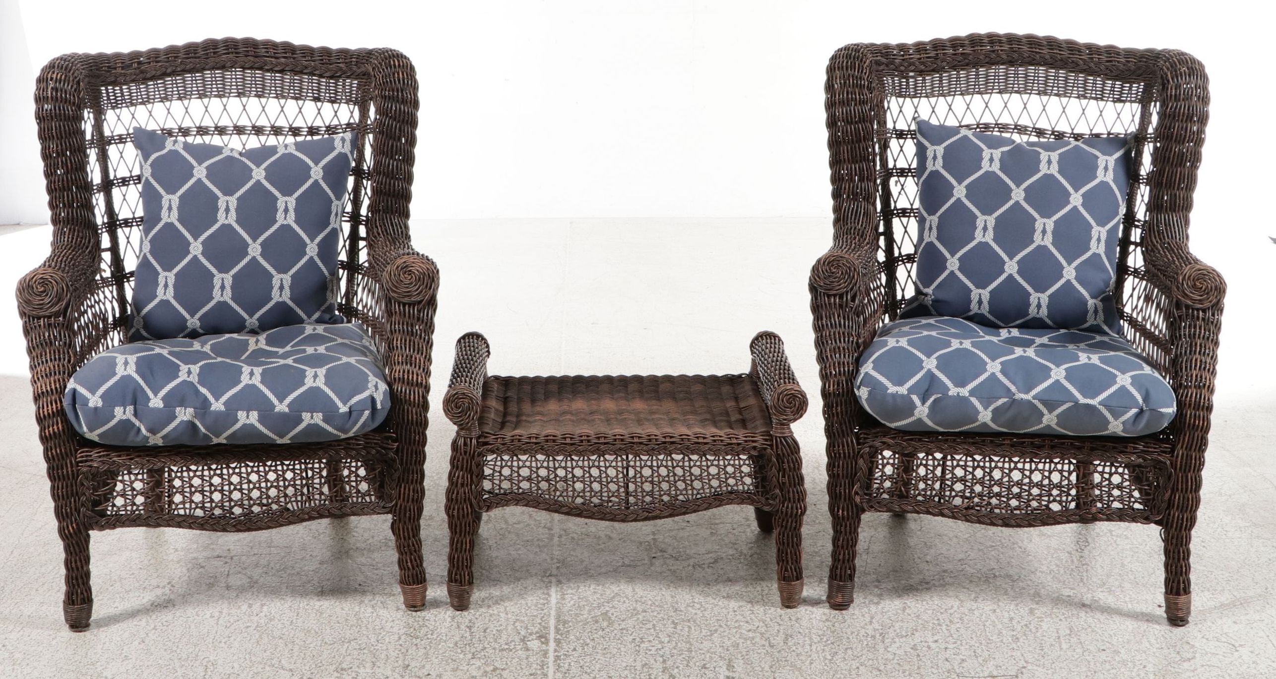 Pair of Resin Wicker Armchairs and Ottoman