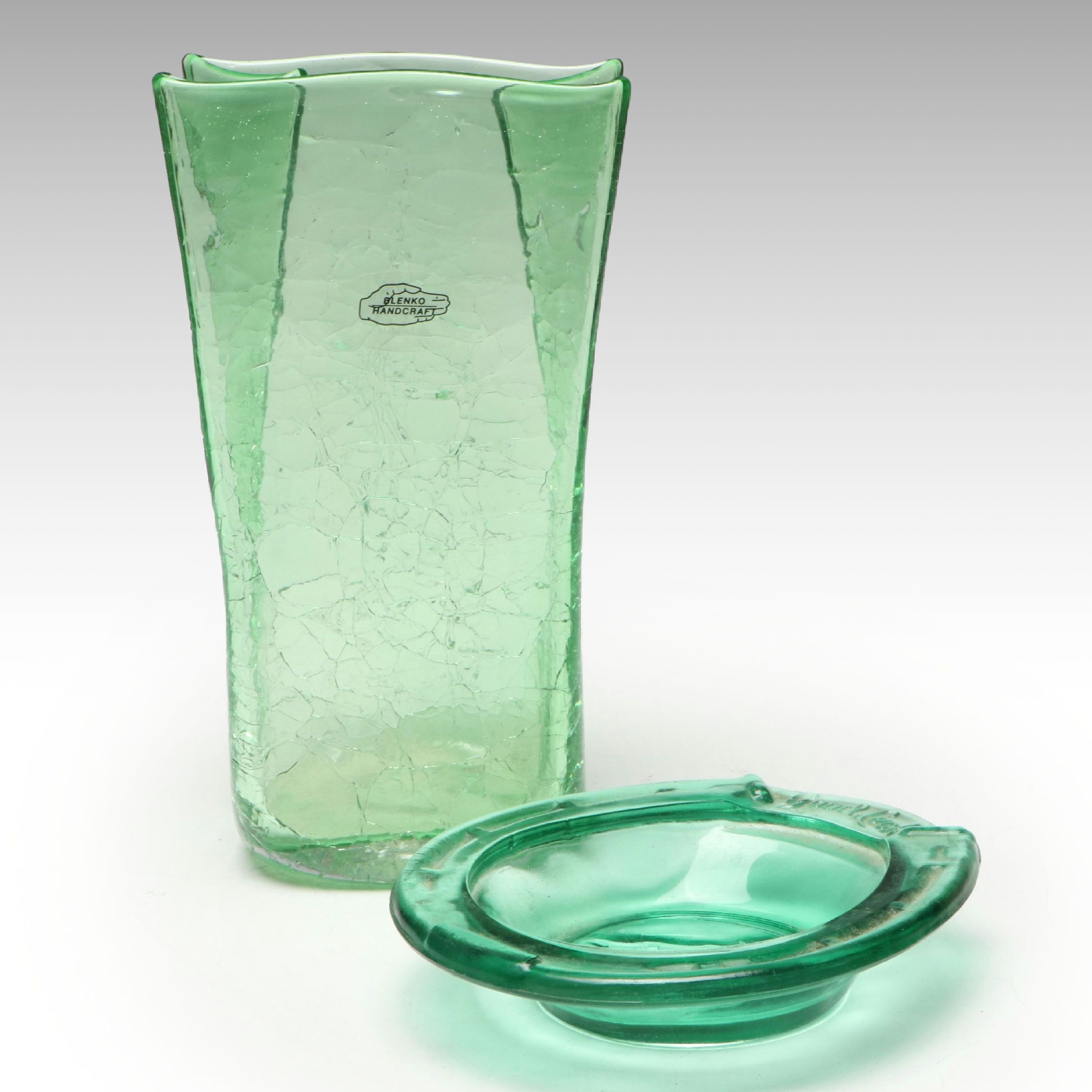 Blenko Green Crackle Glass Vase with Other Horseshoe Ashtray