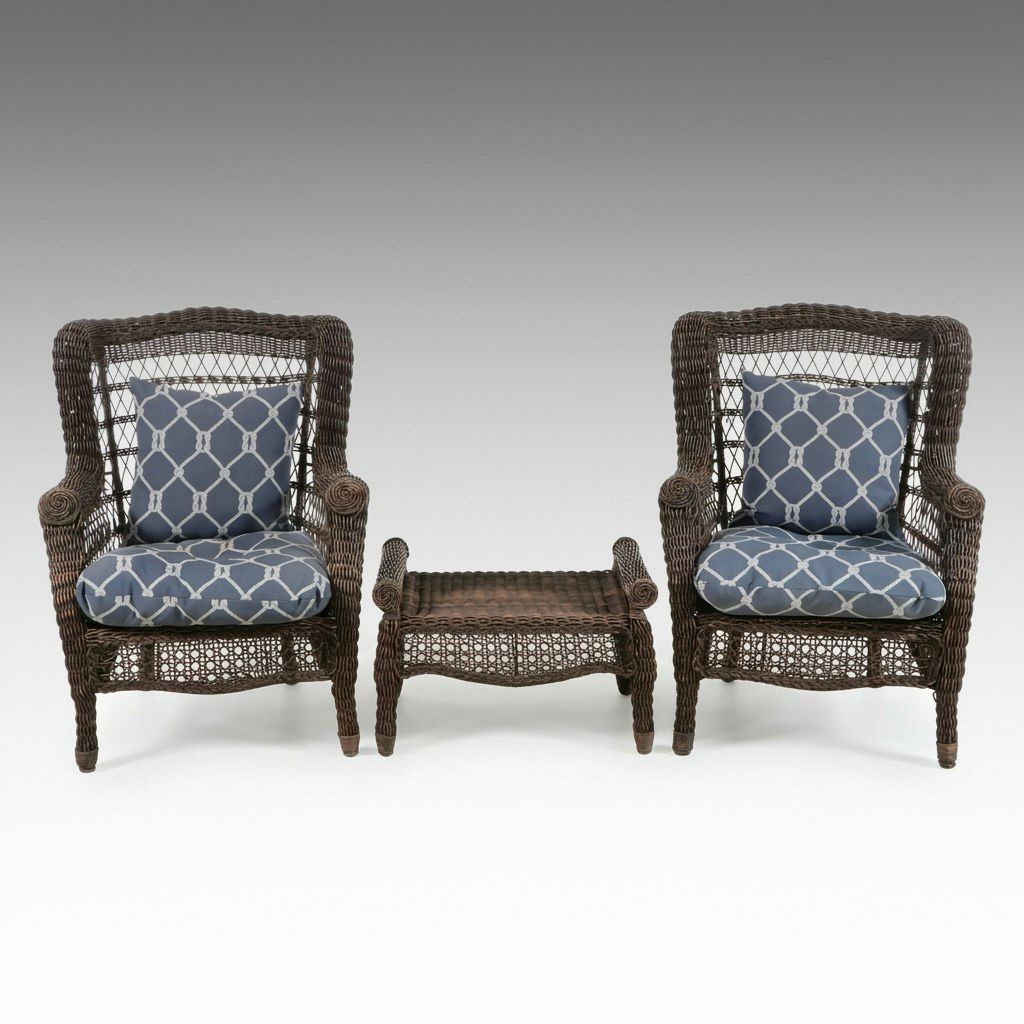 Pair of Resin Wicker Armchairs and Ottoman