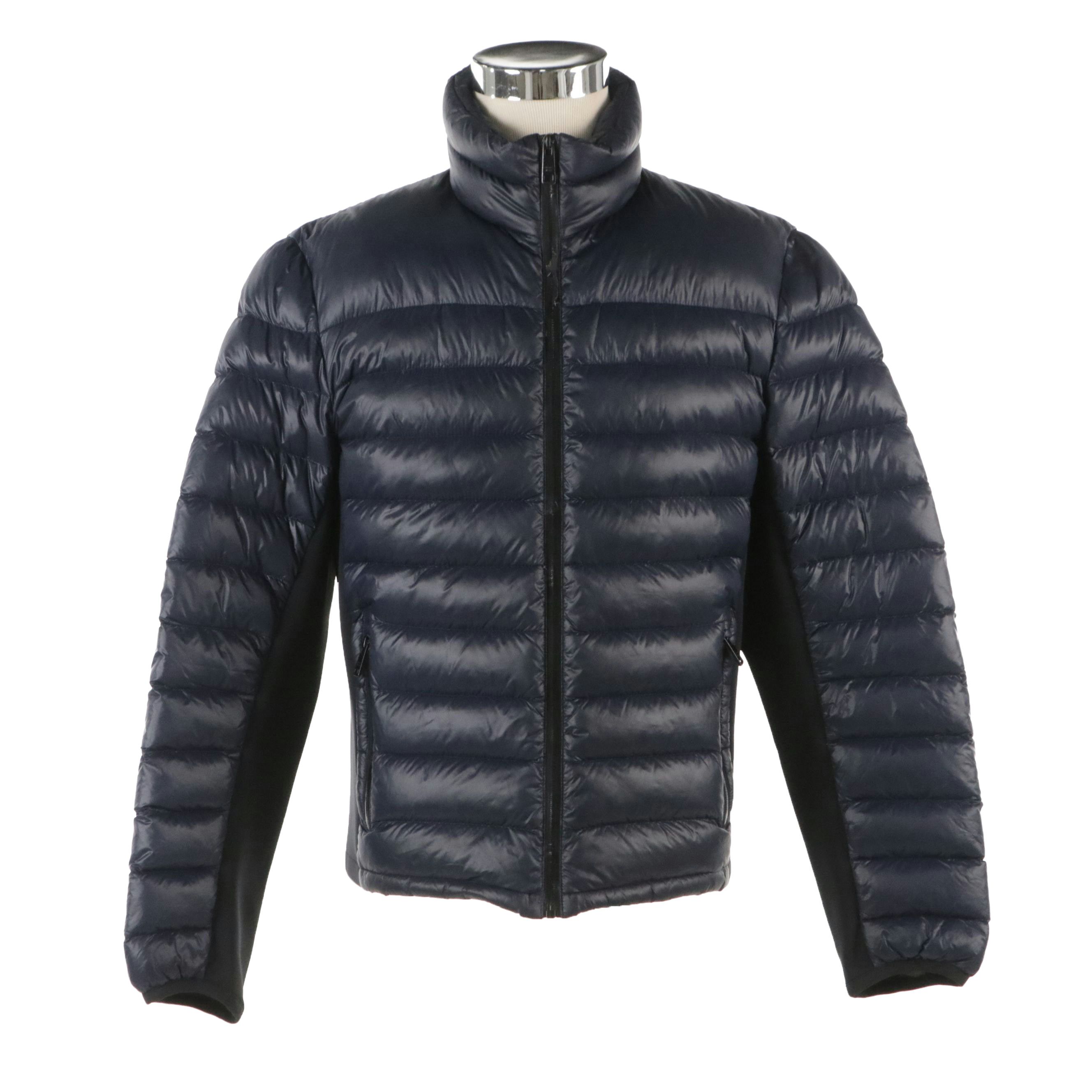 Men's Prada Sport Quilted Puffer Jacket in Navy Blue Nylon and Neoprene Panels