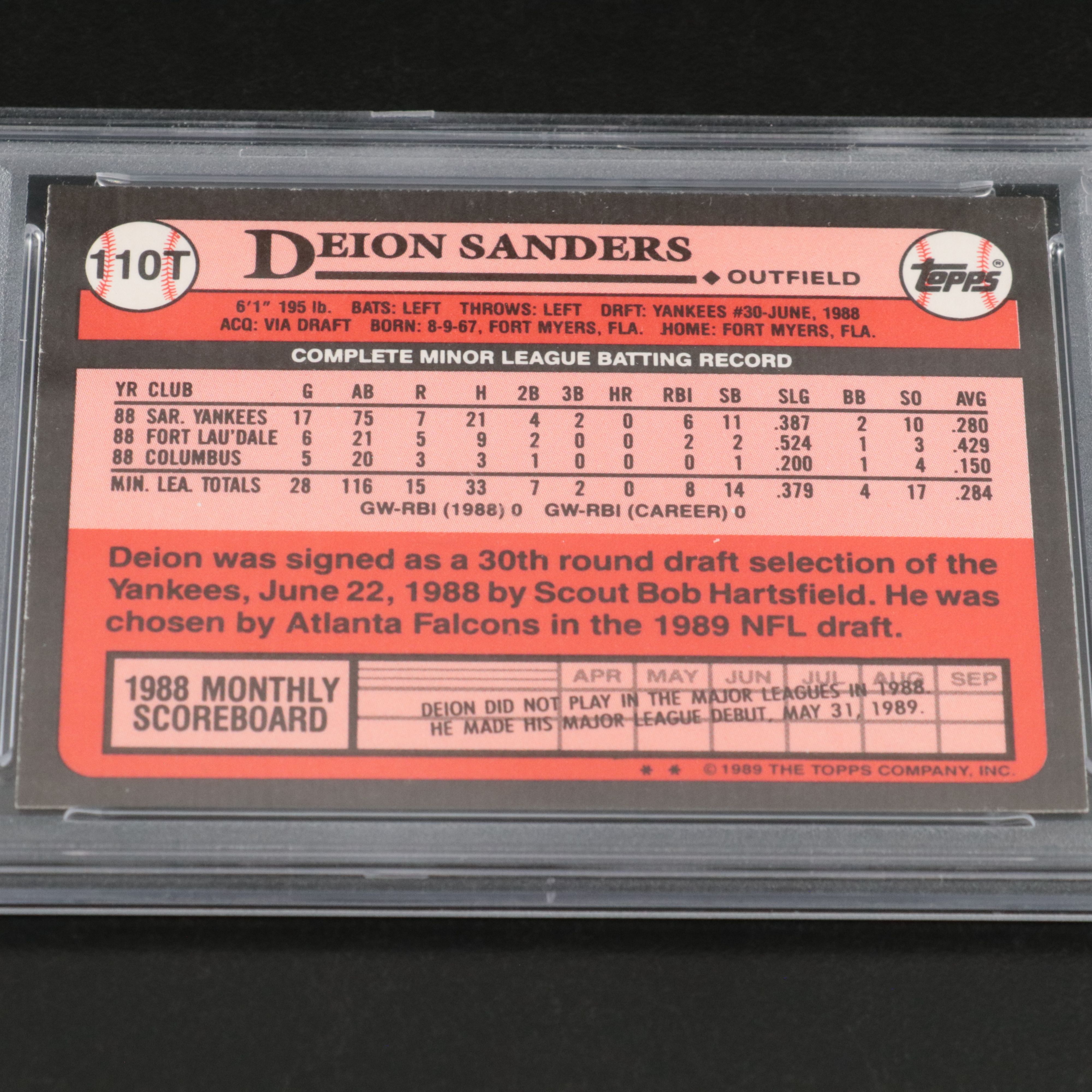1989 Topps Traded Deion Sanders New York Yankees Rookie Card Graded PSA 10