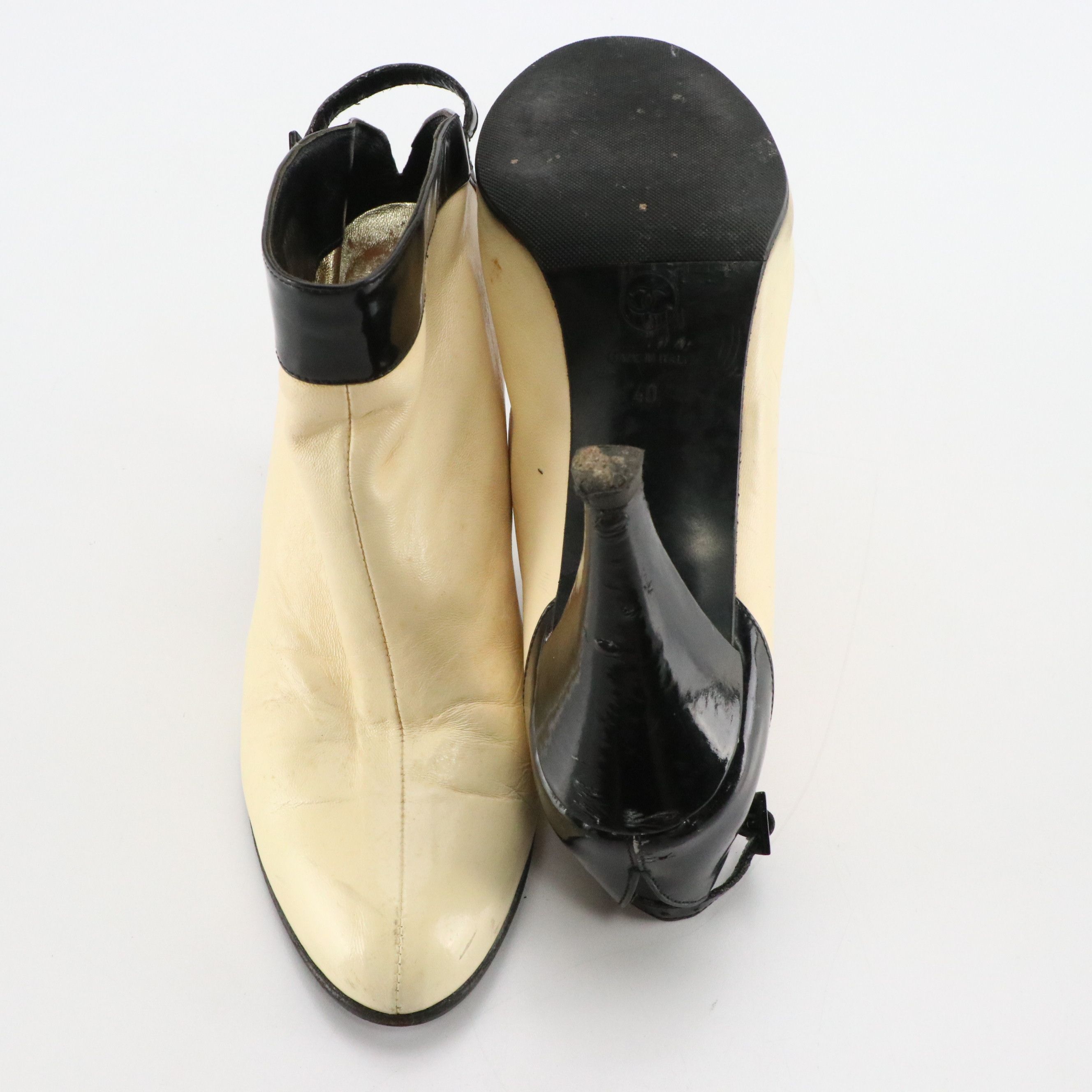 Chanel Ankle Booties in Ivory Calfskin and Black Patent Leather