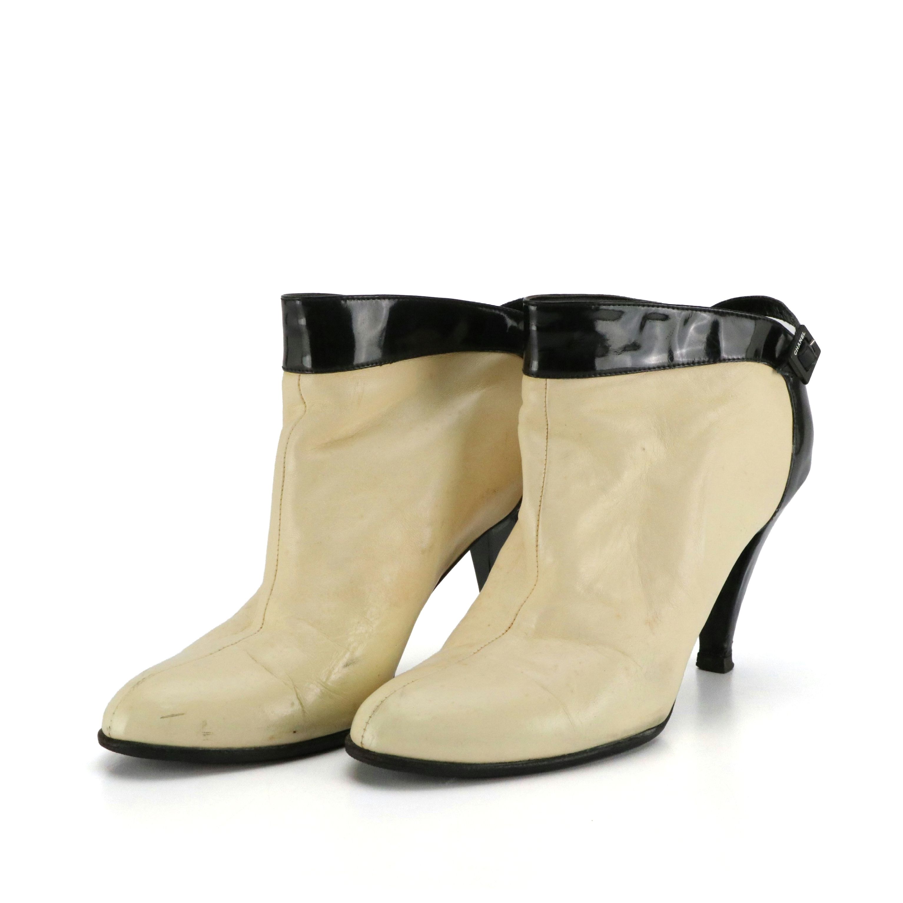 Chanel Ankle Booties in Ivory Calfskin and Black Patent Leather