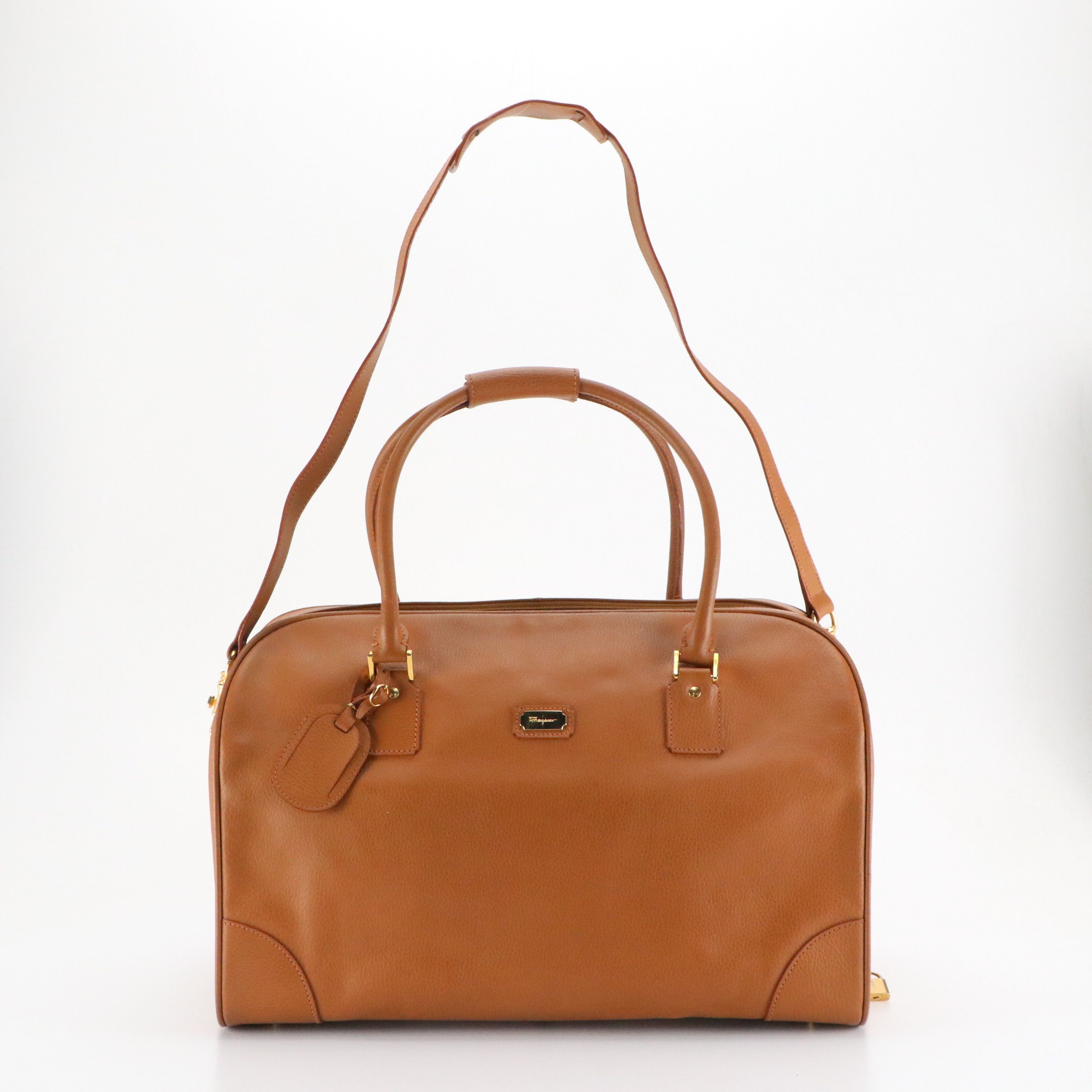 Salvatore Ferragamo Two-Way Travel Bag in Caramel Brown Grained Calfskin