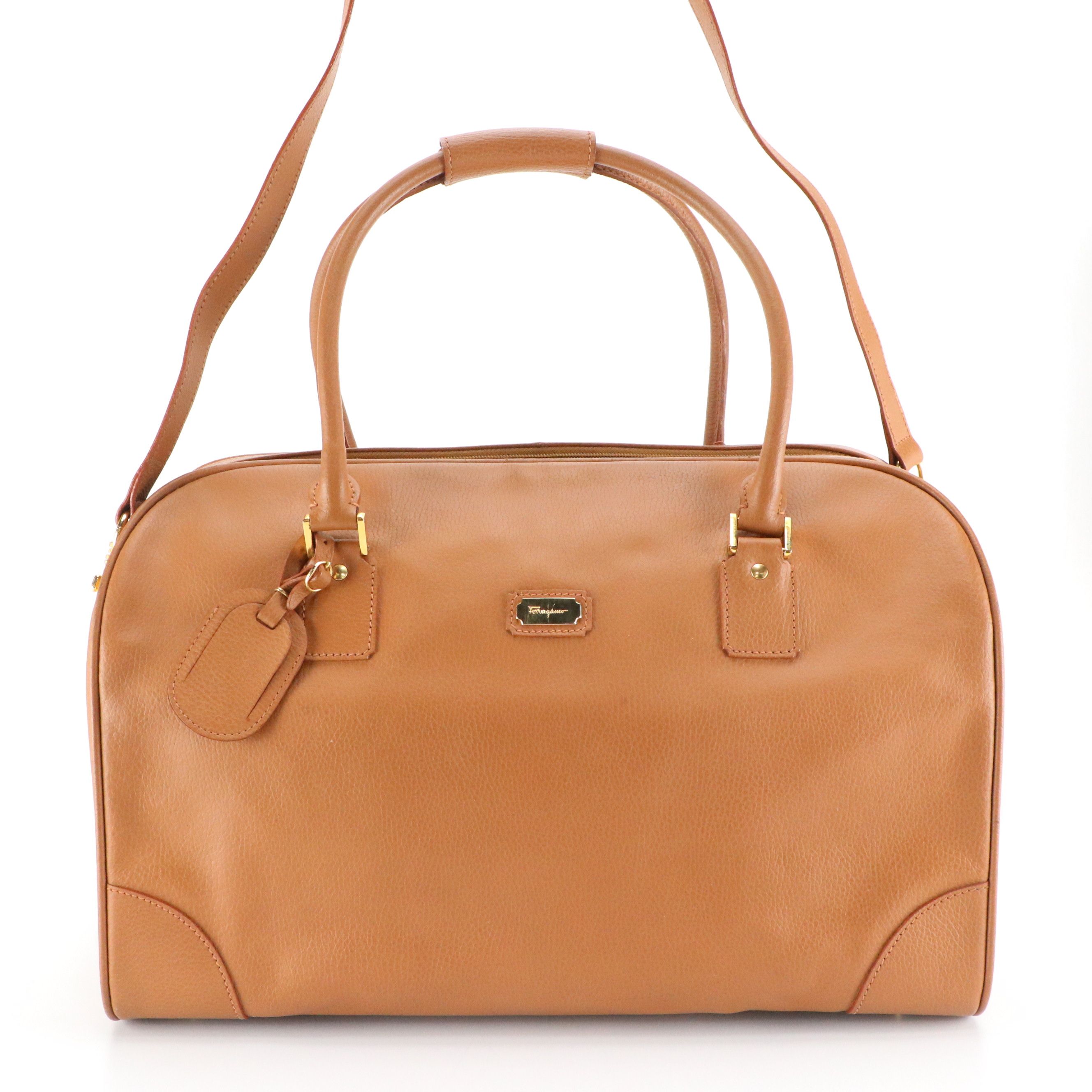 Salvatore Ferragamo Two-Way Travel Bag in Caramel Brown Grained Calfskin