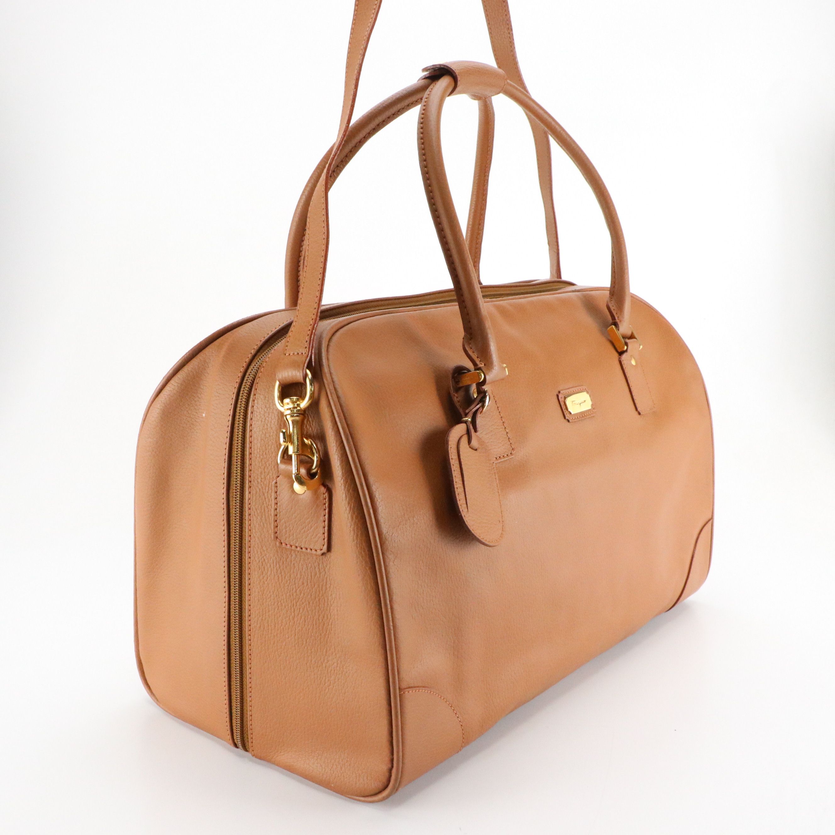 Salvatore Ferragamo Two-Way Travel Bag in Caramel Brown Grained Calfskin