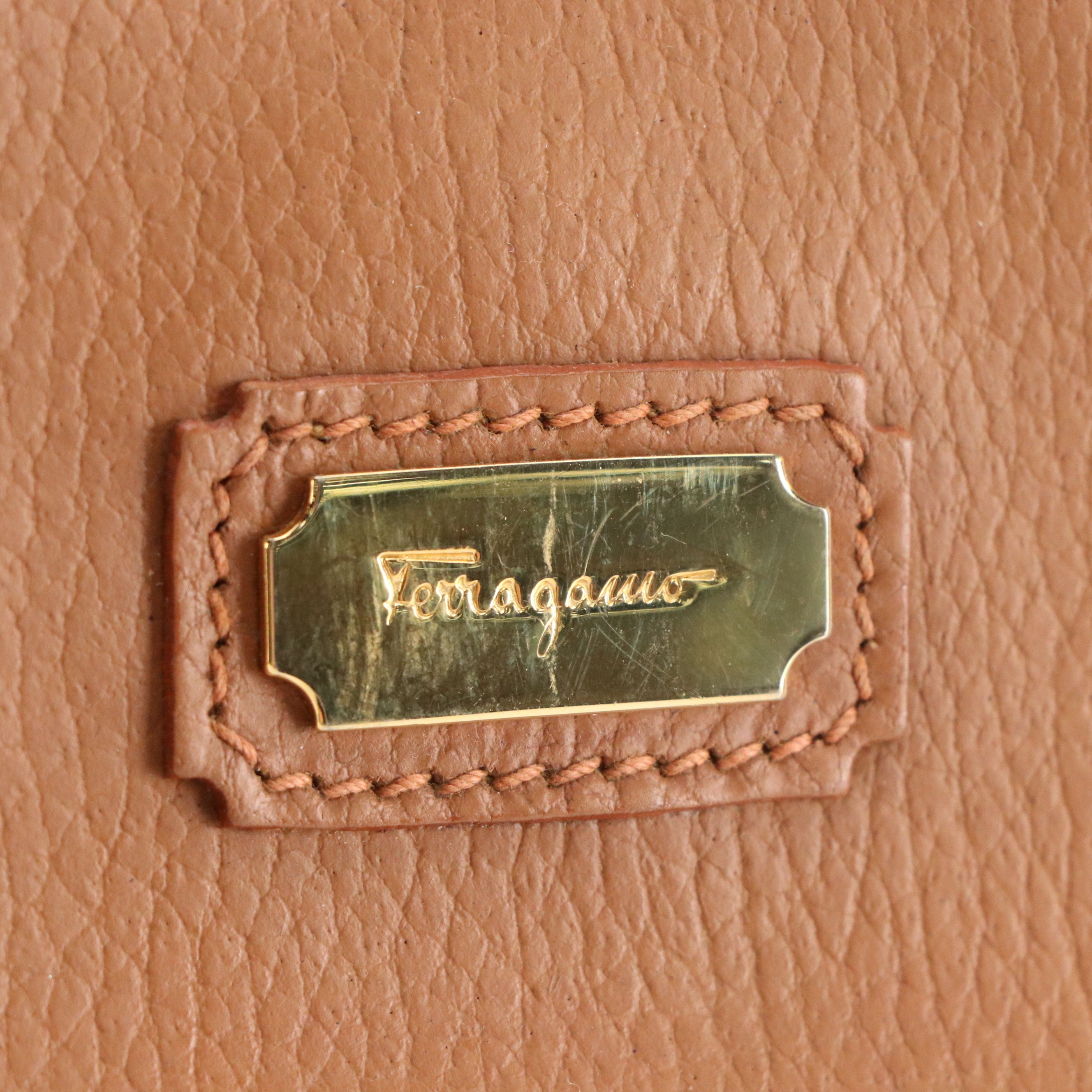 Salvatore Ferragamo Two-Way Travel Bag in Caramel Brown Grained Calfskin