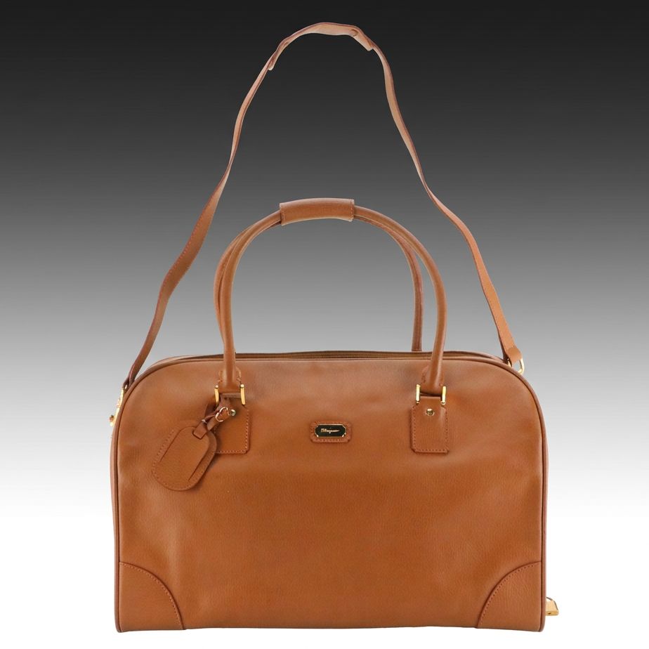 Salvatore Ferragamo Two-Way Travel Bag in Caramel Brown Grained Calfskin