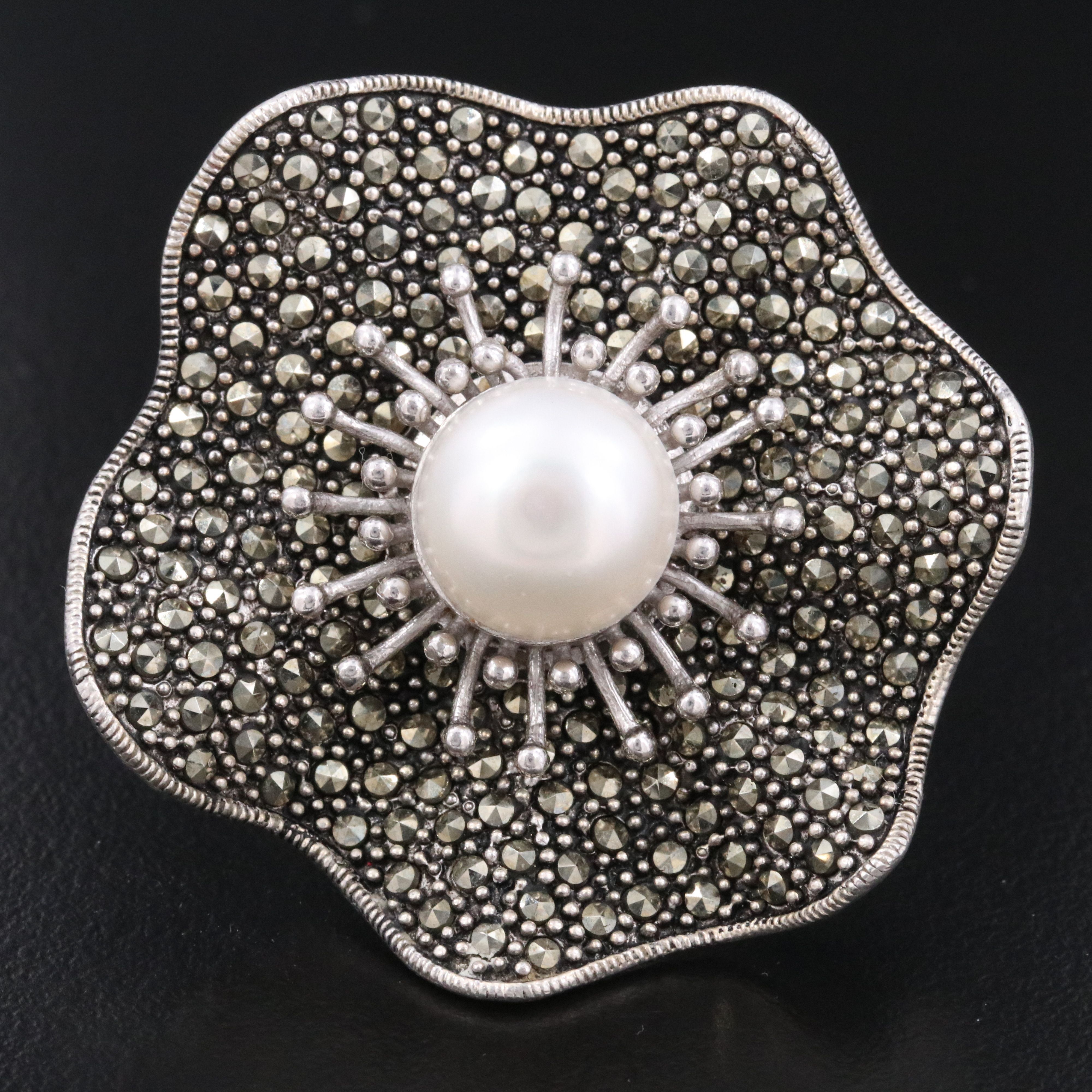 Sterling Pearl and Cut Steel Flower Ring