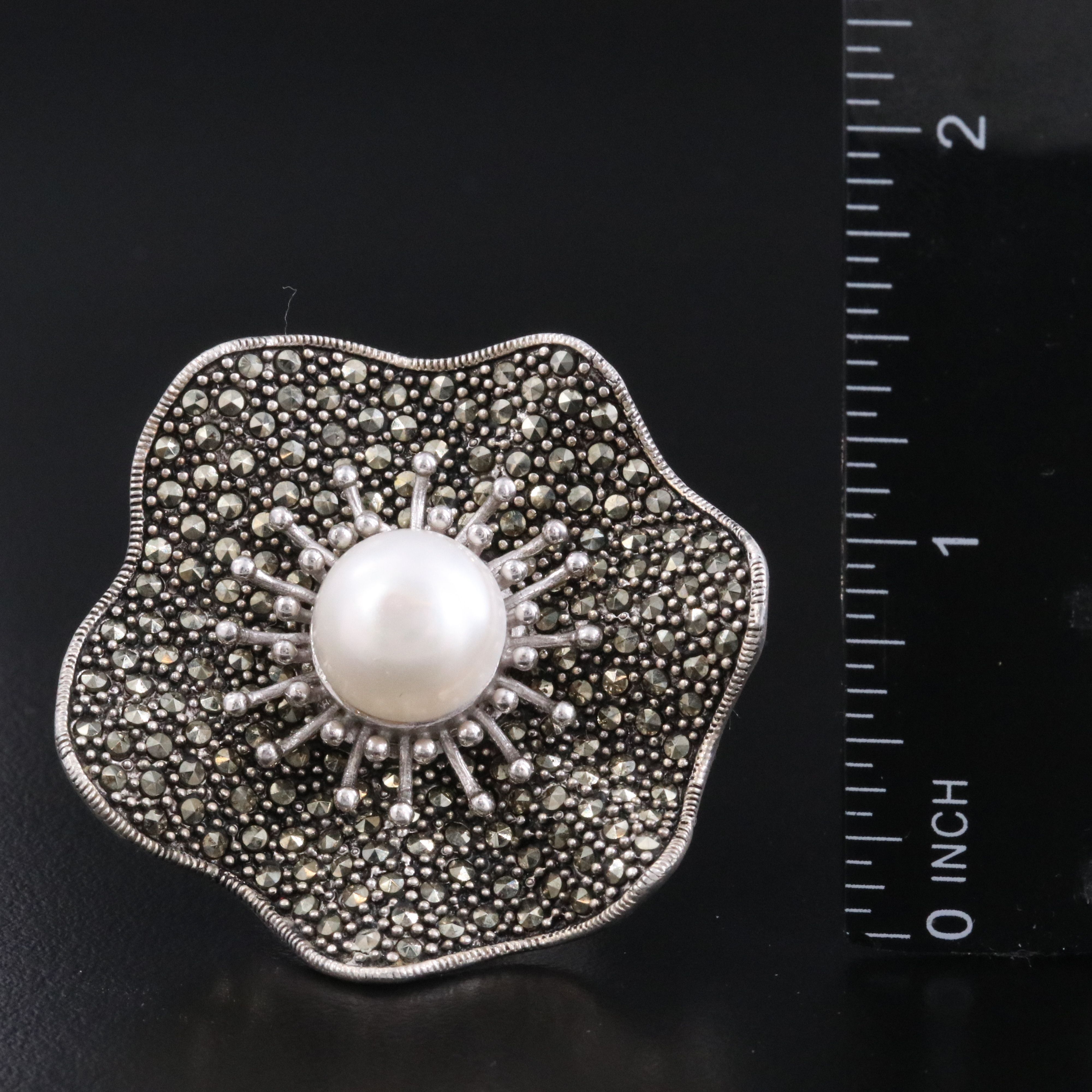 Sterling Pearl and Cut Steel Flower Ring