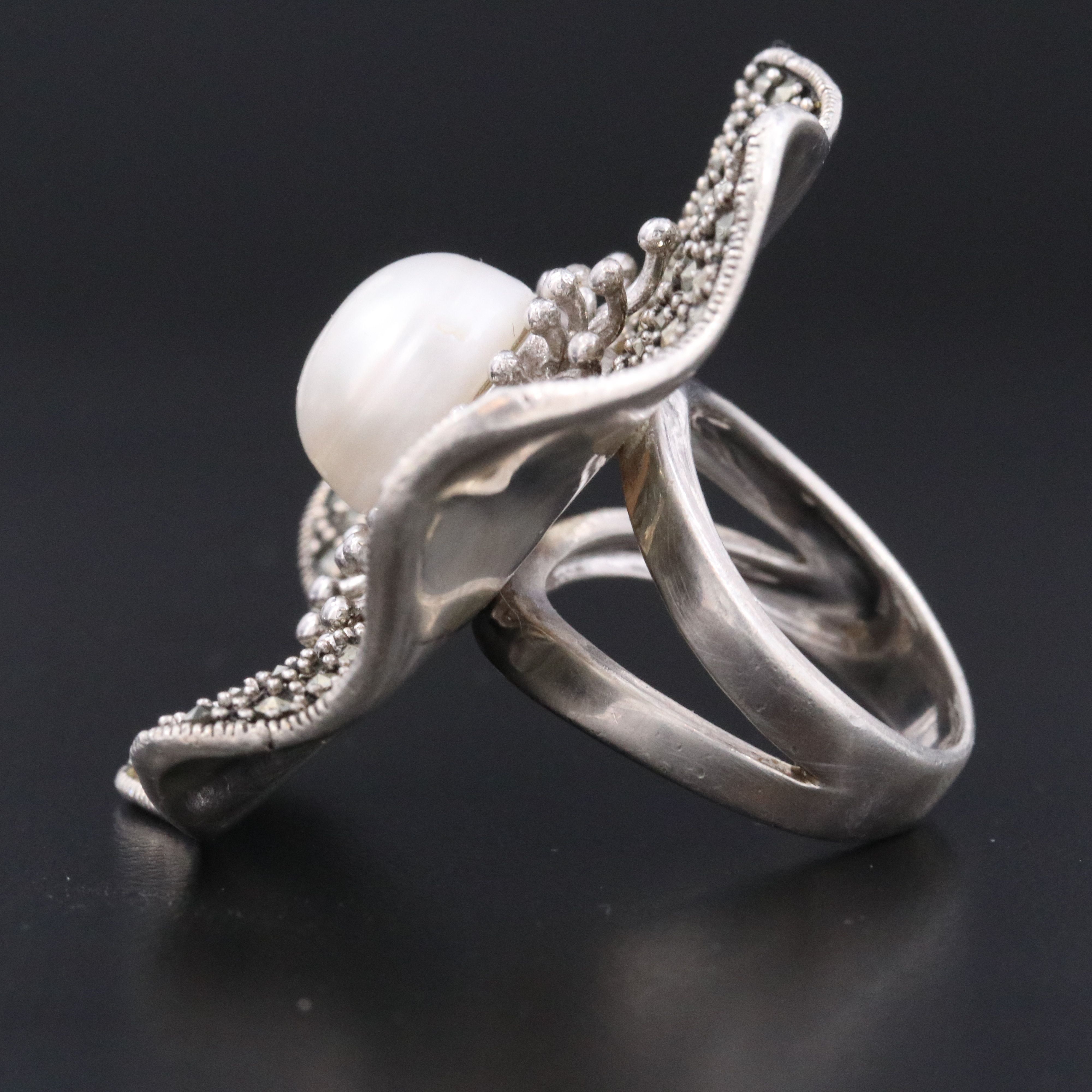 Sterling Pearl and Cut Steel Flower Ring