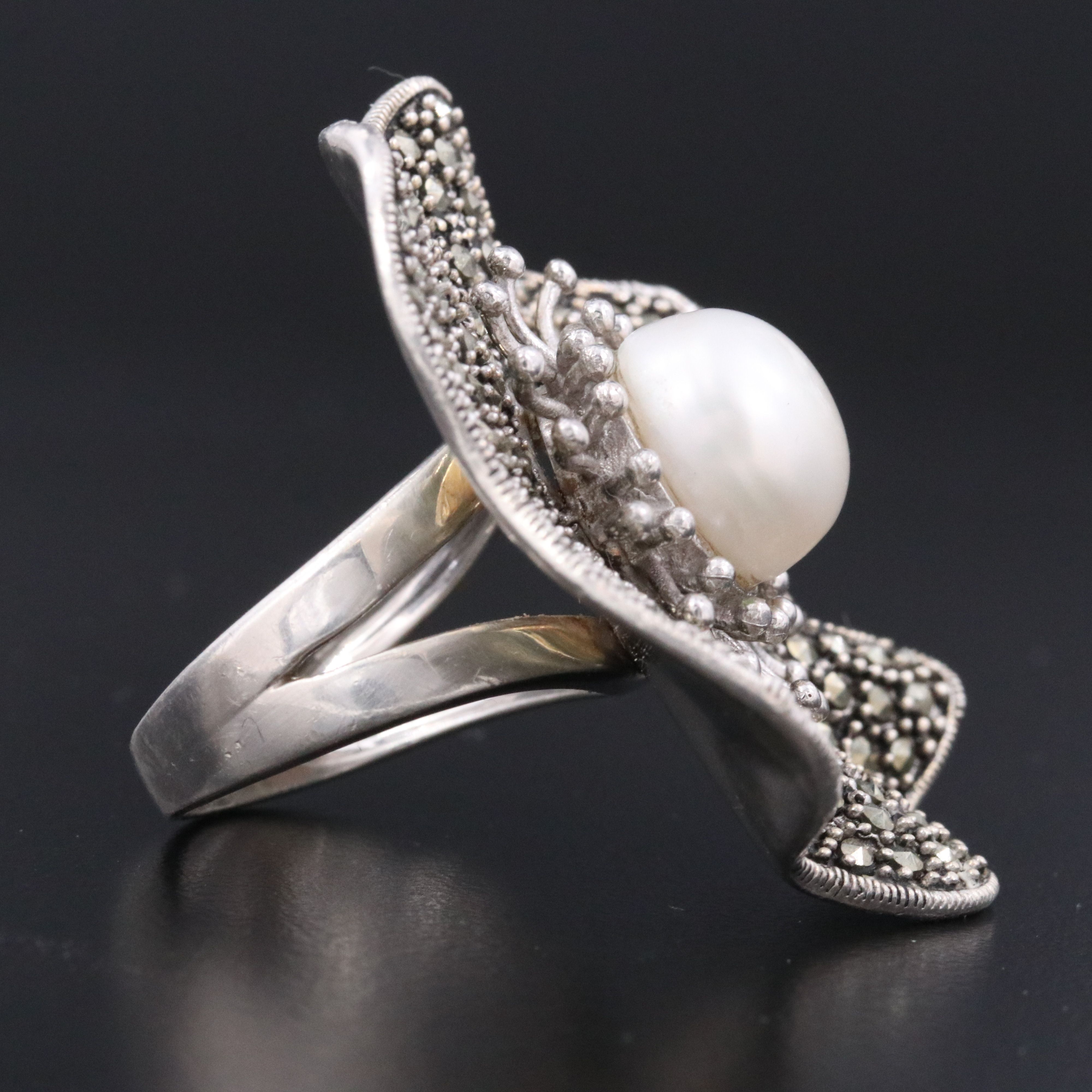 Sterling Pearl and Cut Steel Flower Ring