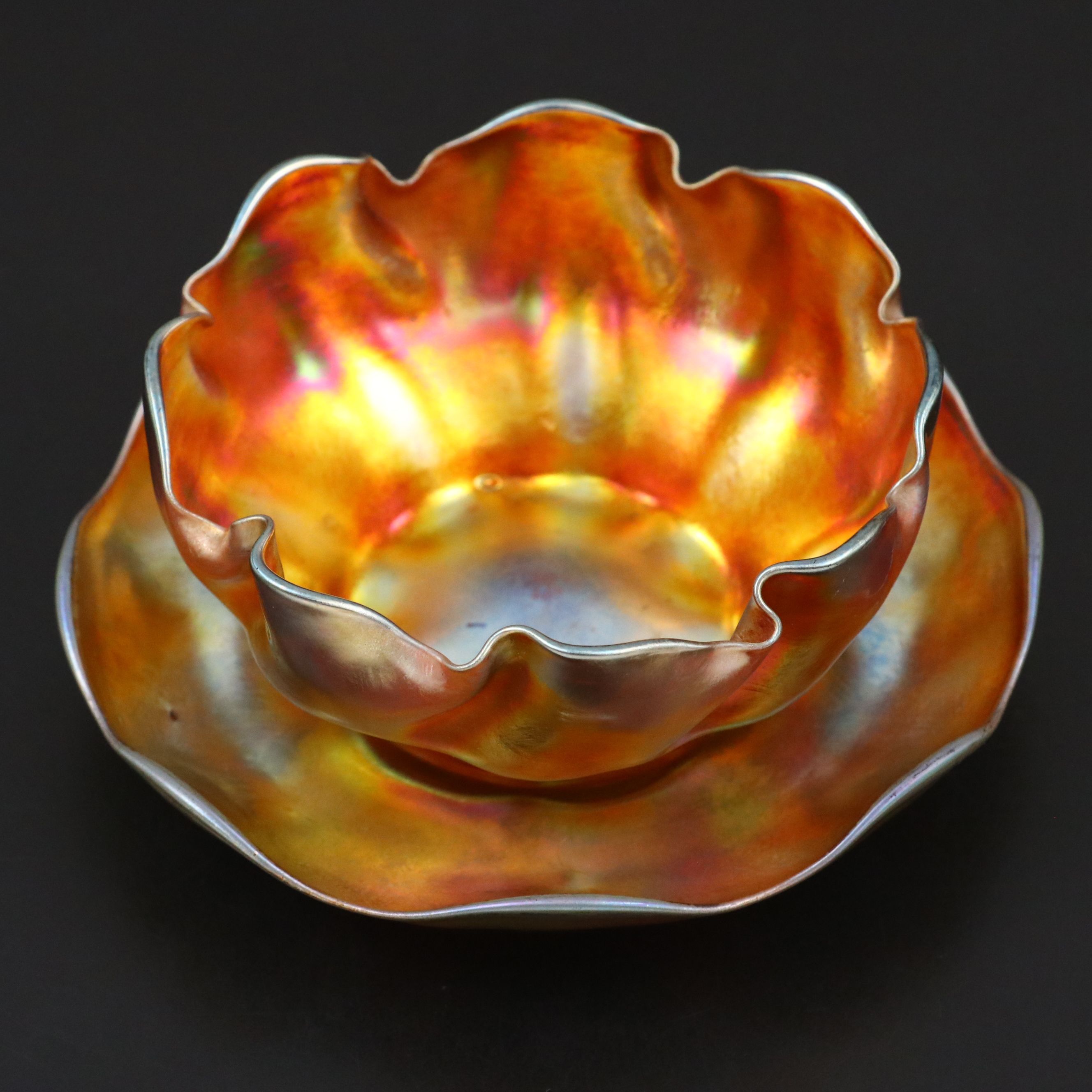 Louis Comfort Tiffany Favrile Glass Finger Bowl and Underplate, Early 20th C.